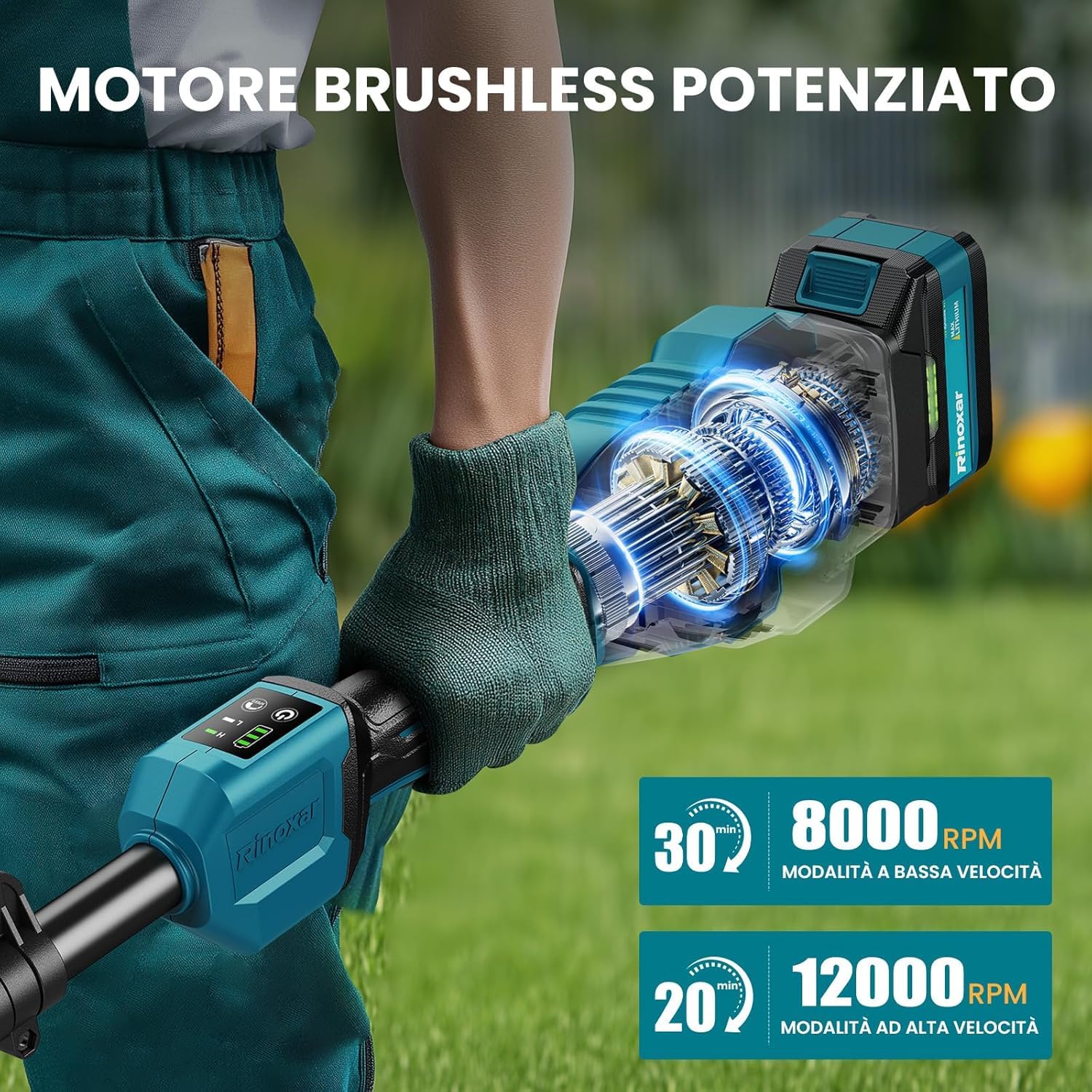Desbrozadora a Batería Brushless, Cortabordes Electrica 26 cm con Motor Delantero, 2 x 5200mAh, 8000/12000 RPM, 3 Cuchillas, Barra Ajustable y Empuñadura en D, para Césped, Bordes y Jardín