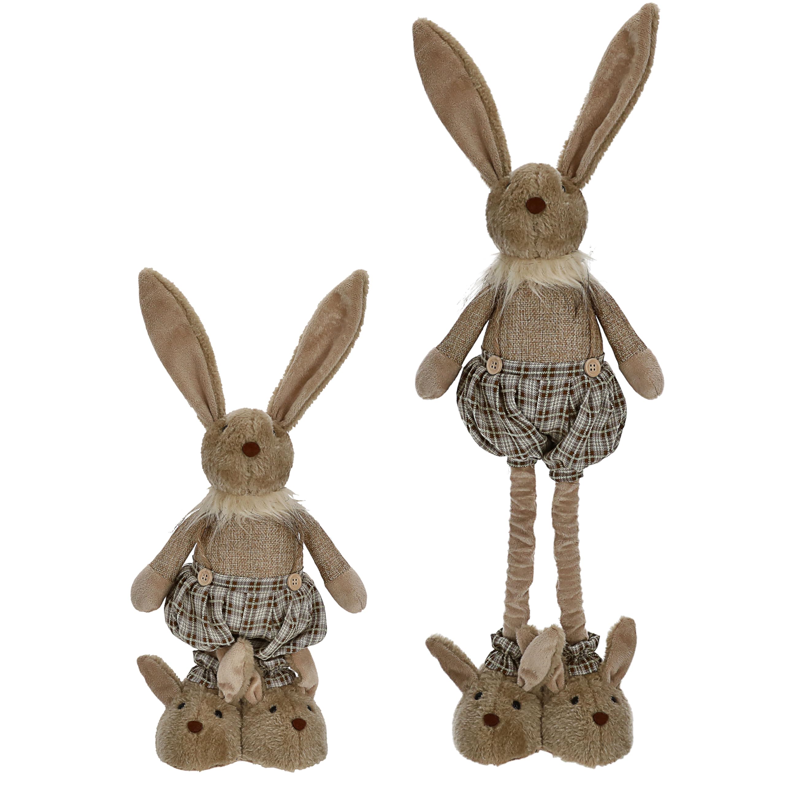 Cepewa Osterhasenpaar mit Teleskopbeinen | max. H115cm Polyester Brauntöne Metallbeine | Frau und Mann mit Hasenschuhen