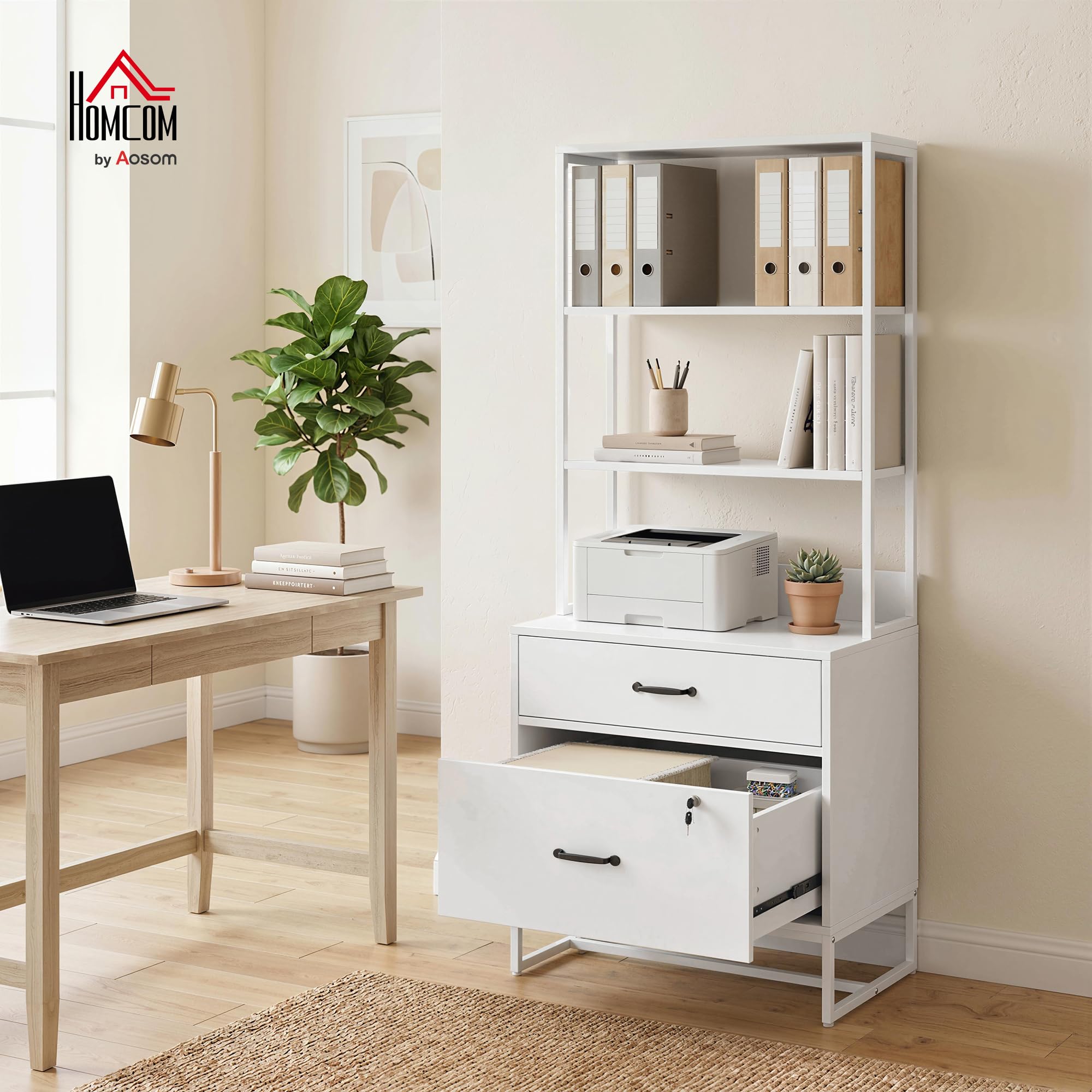 HOMCOM Cajonera Escritorio con Estantería, Mueble Archivador con 2 Cajones, Encimera para Impresora, Cerradura, para A4 Letter Legal, para Oficina, Estudio, Blanco