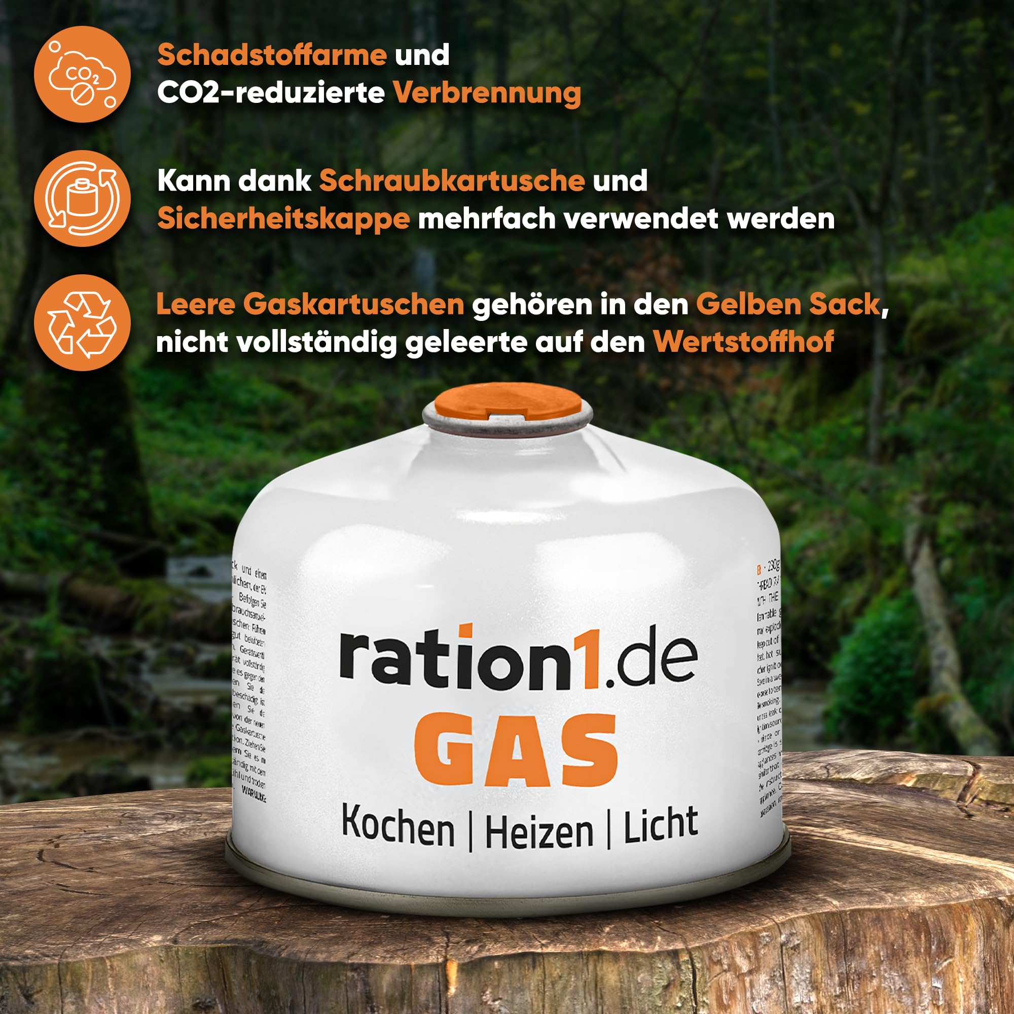 ration1 Gaskartuschen 3 x 230 g, EN 417 Schraubkartusche mit Ventil, Butan-Propan Gas Mischung, Ventilkartusche mit Schraubverschluss für Gaskocher, Campingkocher, bei Outdoor Camping und Notfall