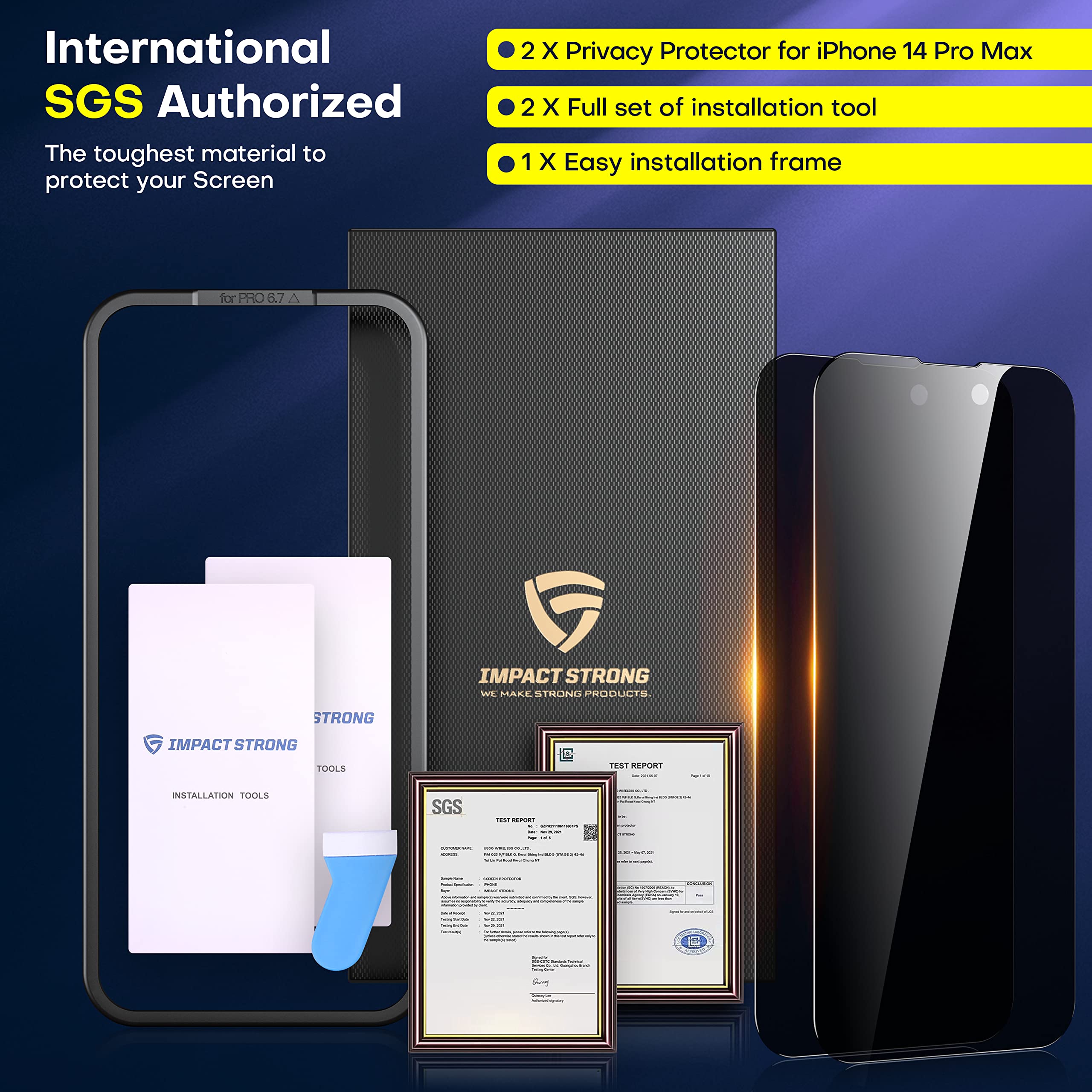 ImpactStrong Ochrona ekranu ze szkła prywatnego do iPhone'a 14 Pro Max [16,7 cala), ochrona ekranu ze szkła hartowanego z łatwym zestawem montażowym, twardość 9H, przyjazne dla obudowy, 2 szt