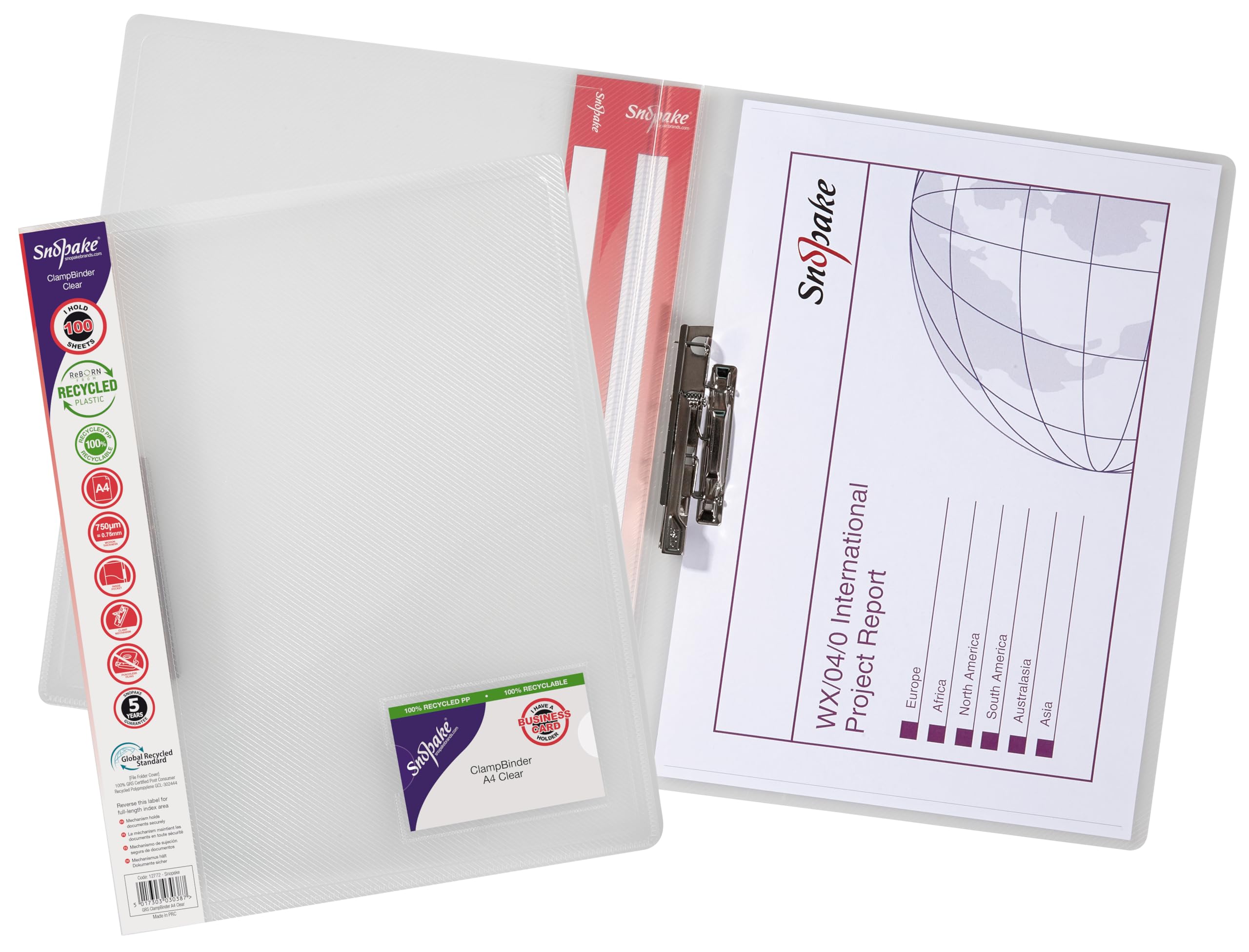 Snopake 12772 A4 Clamp Binder with 100 Sheet Capacity - Clear (Pack of 10)