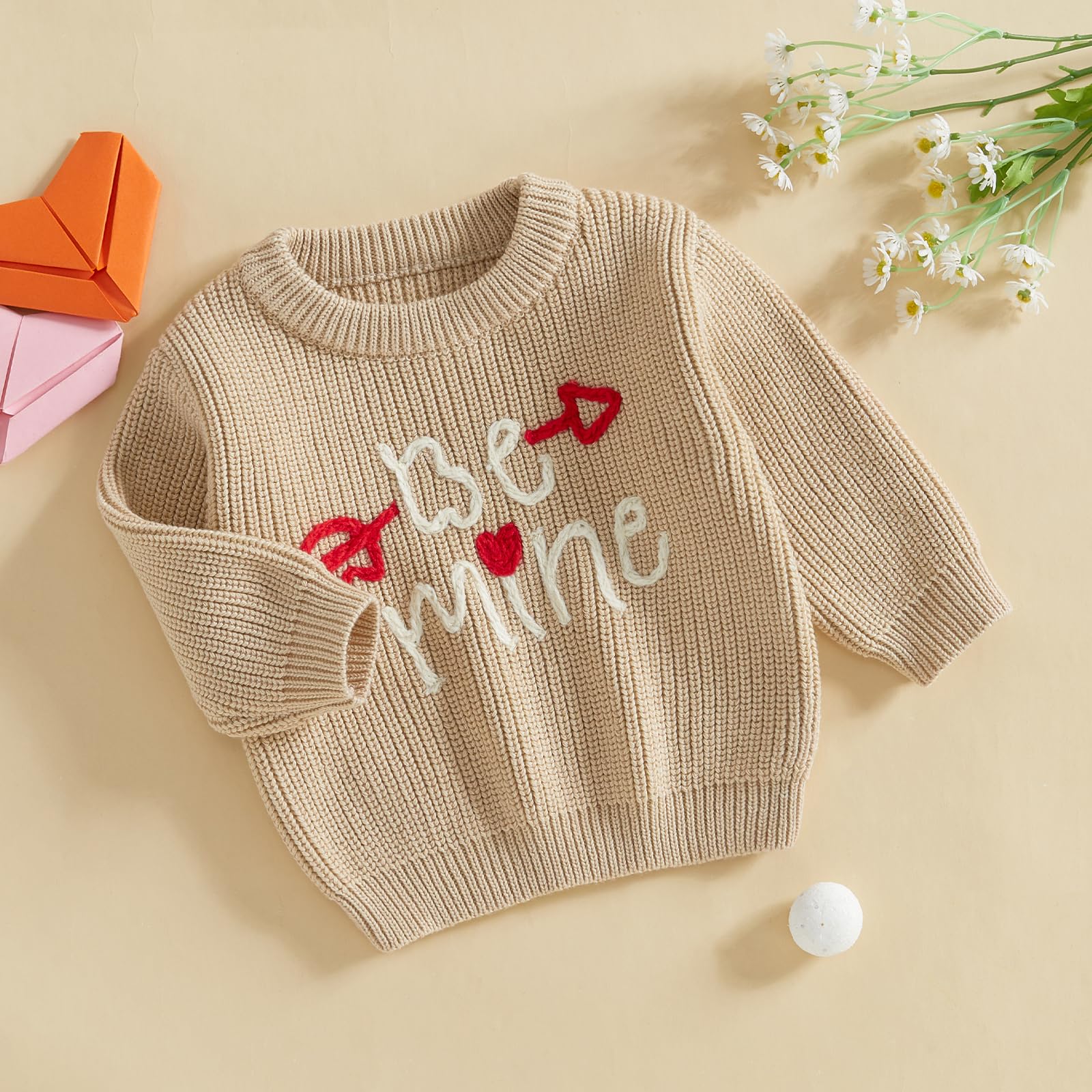 GINEVSAL Toddler Baby Girl Boys Valentine's Day Knit Sweater Long Sleeve Crewneck Letter Heart Arrow Embroidery Knitwear (Khaki, 18-24 Months)