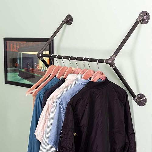 Miniatura 8 de PIPE DECOR Perchero de ropa montado en la pared de tubería industrial, exhibición de ropa de armario comercial o residencial, resistente rústico