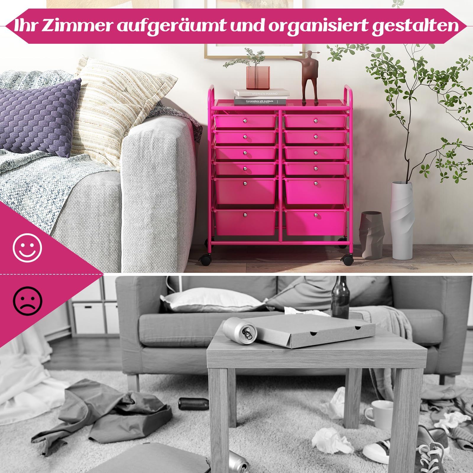 GOPLUS Rollwagen Schubladenwagen, Rollcontainer mit 12 stapelbaren Schubladen, Haushaltwagen auf Rollen mit Bremsen, Badtrolley Badregal, Aufbewahrungswagen für Heim und Büro (Hot Pink)