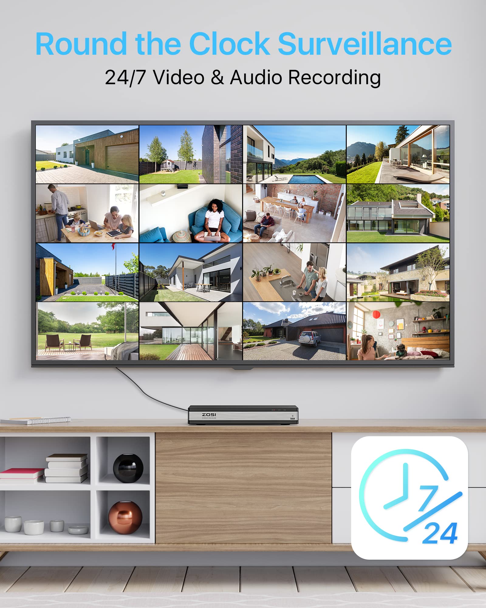 ZOSI 4K Kit de Cámara de Vigilancia PoE 16CH H.265+ Grabador NVR con 12pcs 8MP Cámara de Seguridad Exterior, Visión Nocturna en Color, Alarma de Movimiento, 4TB Disco Duro Incluido