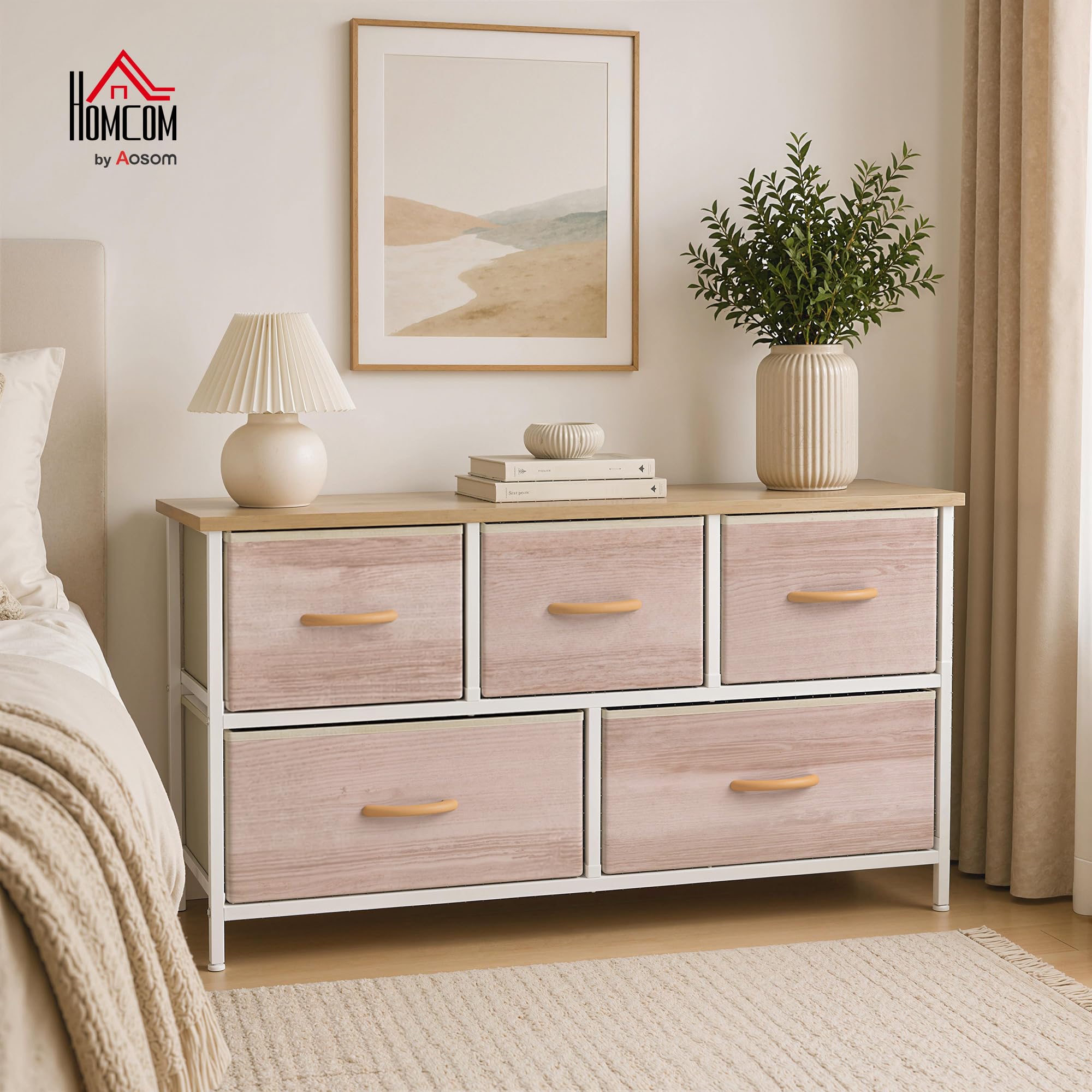 HOMCOM Cómoda con 5 Cajones de Tela para Dormitorio Salón Natural y Blanco