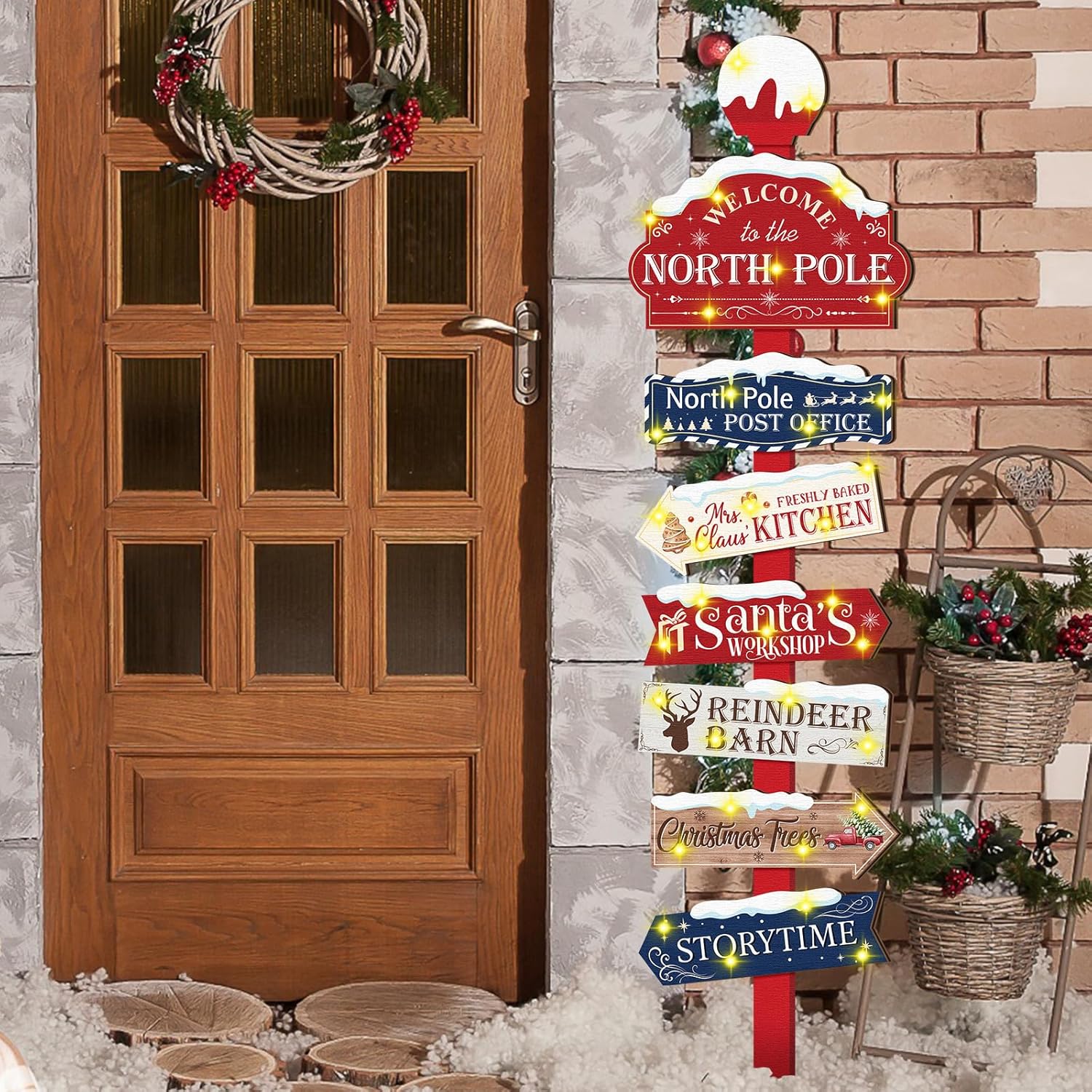 8 Pcs Christmas North Pole Yard Signs Christmas Lawn Wooden Outdoor Decoration North Pole Directional Sign Santa Claus Workshop Stand up Decorations for Christmas Party Winter Garden Holiday