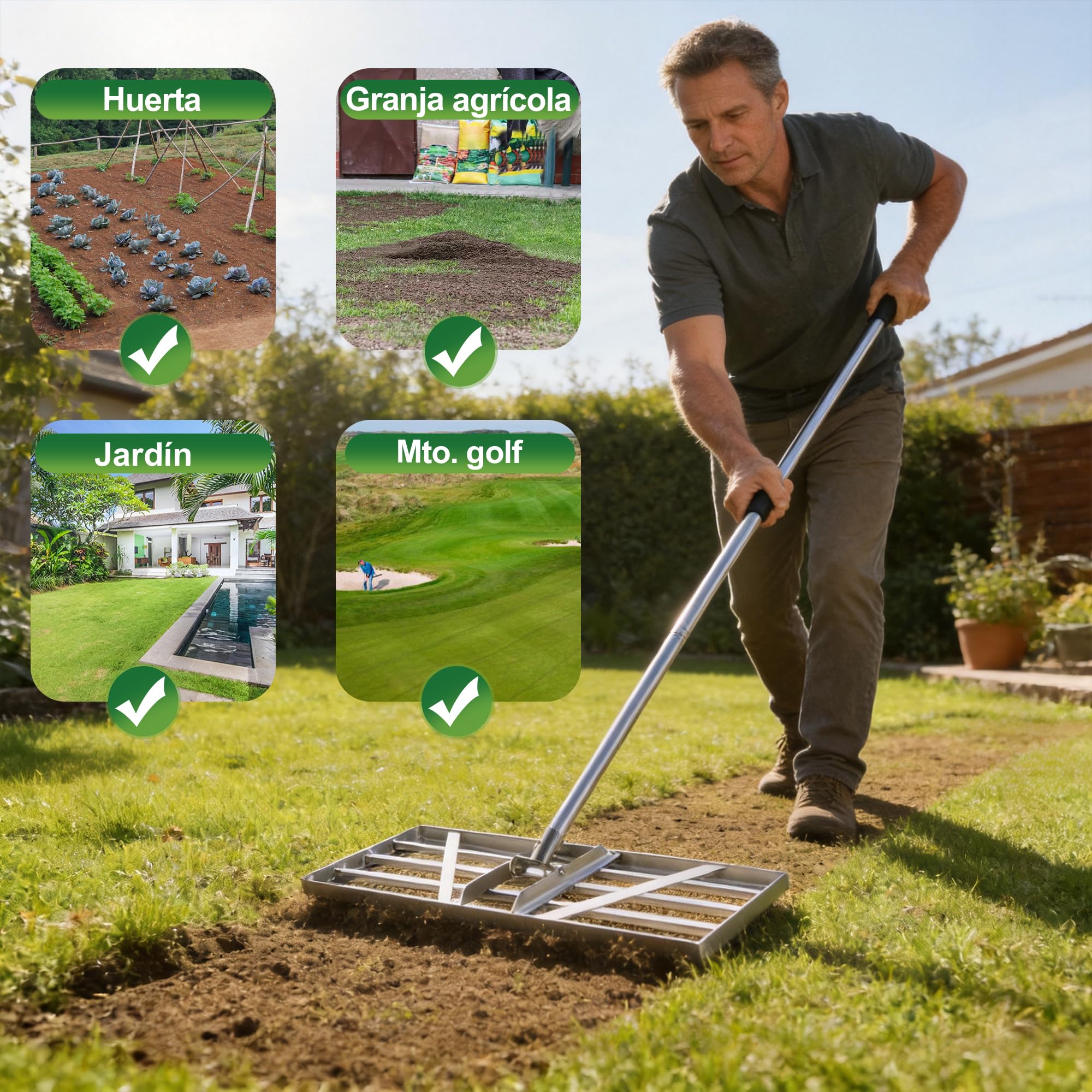Rasqueta XXL de 85 x 35 cm, con mango ajustable de 2 m, rasqueta para césped, arenas, nivelador de jardín, rasqueta para césped, para patio, jardín, golf