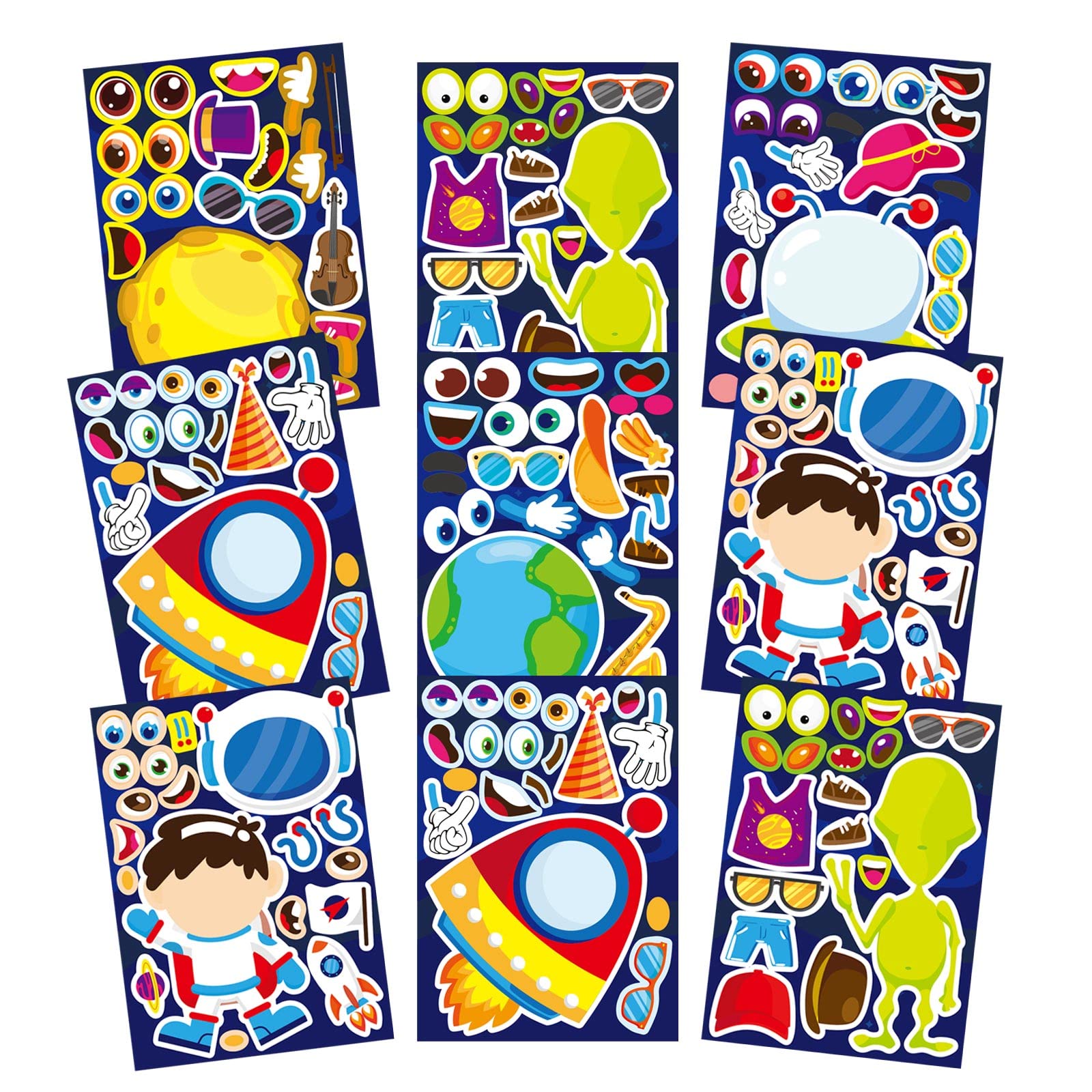 DUJAA 24 Sheets Space Stickers for Kids Make Your Own Astronaut Stickers, Make a Face Planet Stickers Mix of Alien, Rocket, Ship and Match Solar System Stickers for Birthday Party Favors Craft Kit