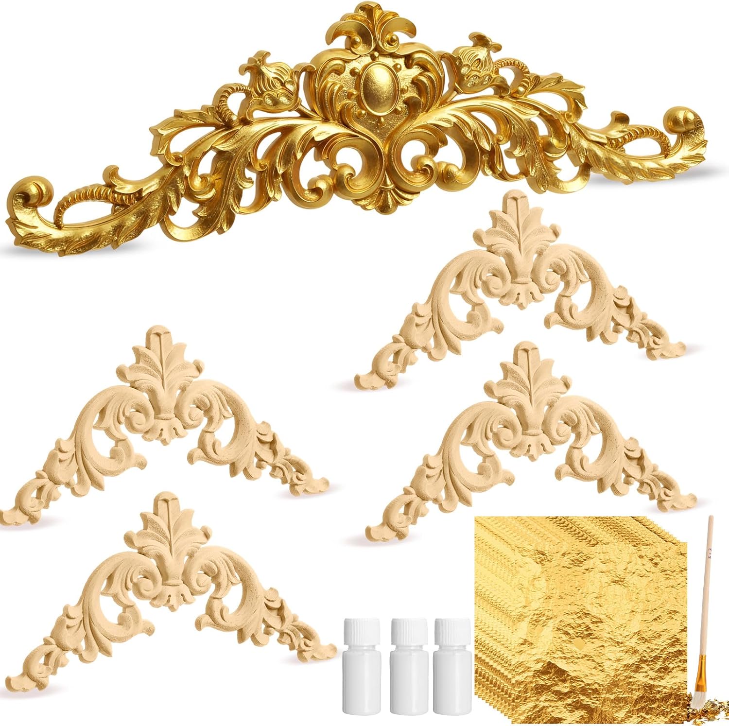 5 Pcs Wood Applique and Onlay with 100 Sheet Foil Leaf Gilding Adhesive Set Carved Decal Wooden Unpainted Carving Applique DIY Foil for Wall Bed Victorian Furniture Decor(Stylish,Gold)