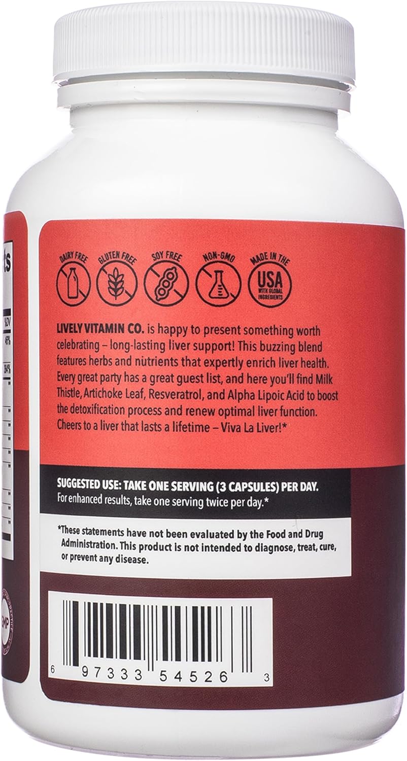 LIVELY VITAMIN CO. Viva La Liver - Improved Function - Liver Cleanse - Detox - Eliminate Toxins & Waste - Cognitive Brain Function - Immune Support - Mental Clarity - 90 Capsules