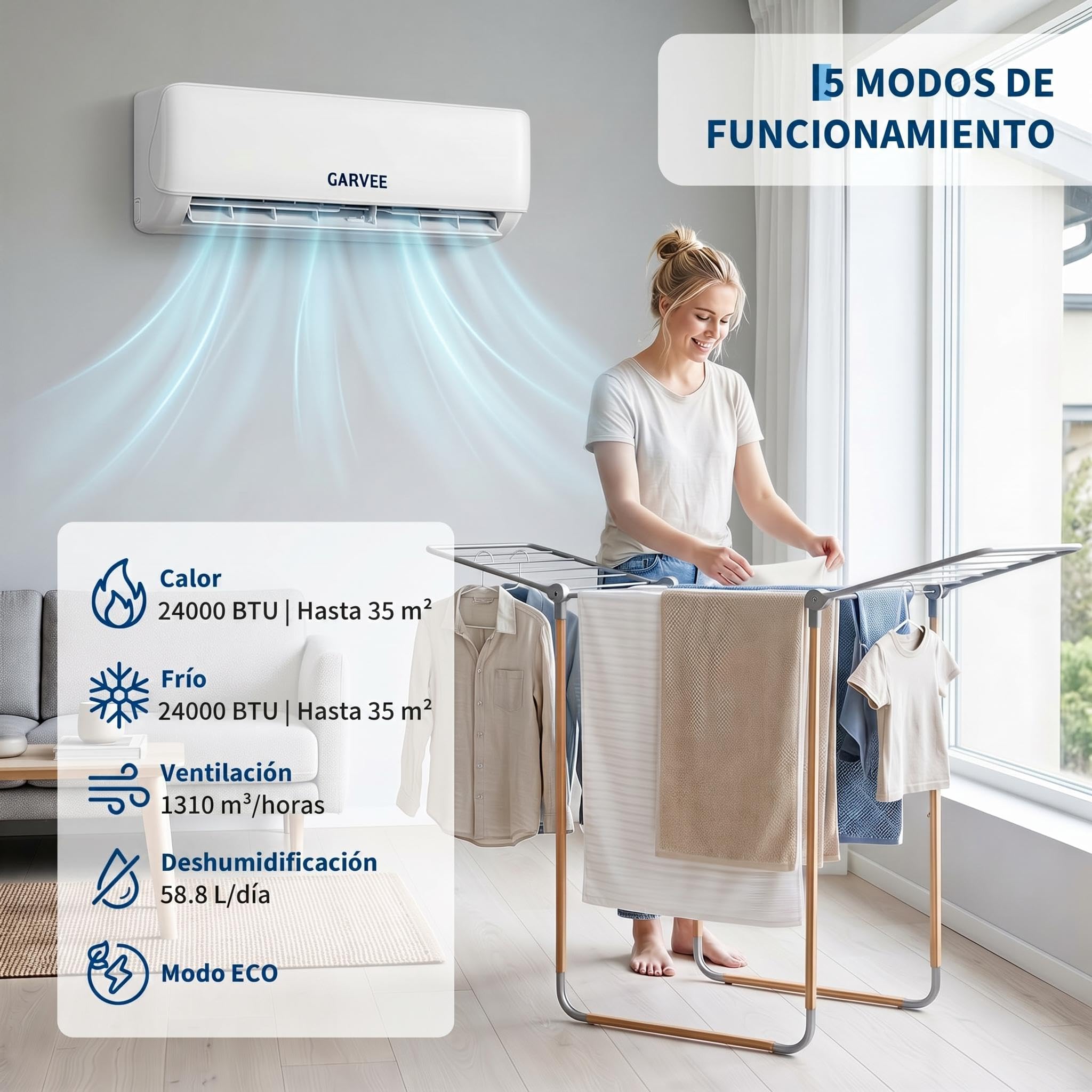 Garvee Aire Acondicionado Split 24000BTU - 7.2KW/24000 frigorías - Aire Acondicionado Pared con Mando a Distancia(WiFi/APP) - 5 Modos - Hasta 35 m² - Motor Inverter - Bomba de Calor - Refrigerante R32