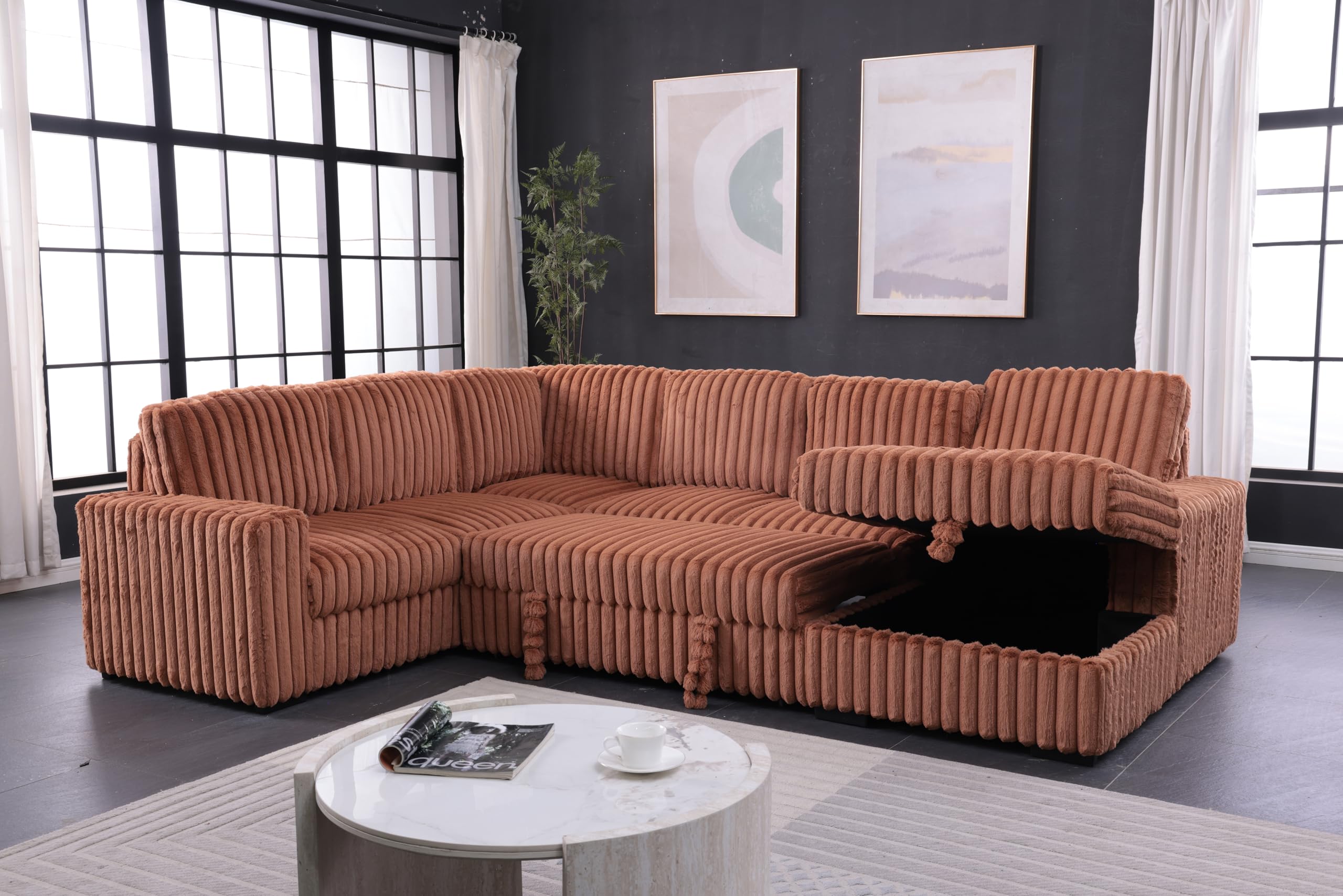 ERYE 122-Inch Oversized U-Shaped Sleeper Sectional Sofa Living Room Convertible Pull Out Sleeper Couch Bed with Right Facing