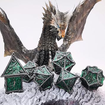Metal Ejderha Zar Seti DND 7 Set Zar Rol Yapma Zar D&D Zindanlar ve Ejderhalar (Siyah Nikel Yeşili)