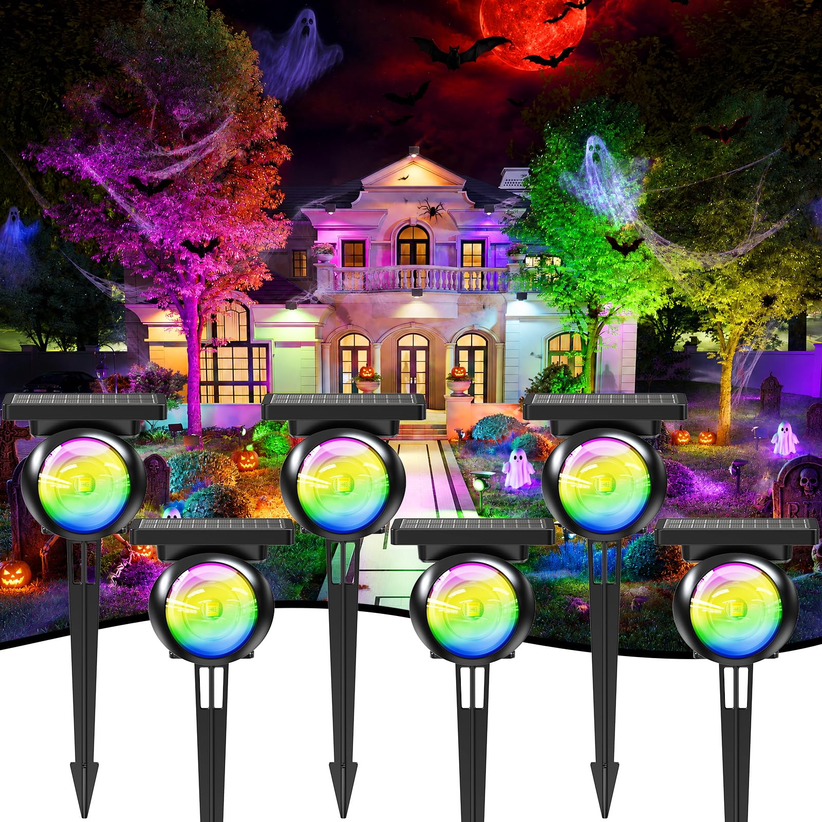 Focusing Solar Spot Lights Outdoor Waterproof, RGB+3CCT Tree Uplights 6Pack