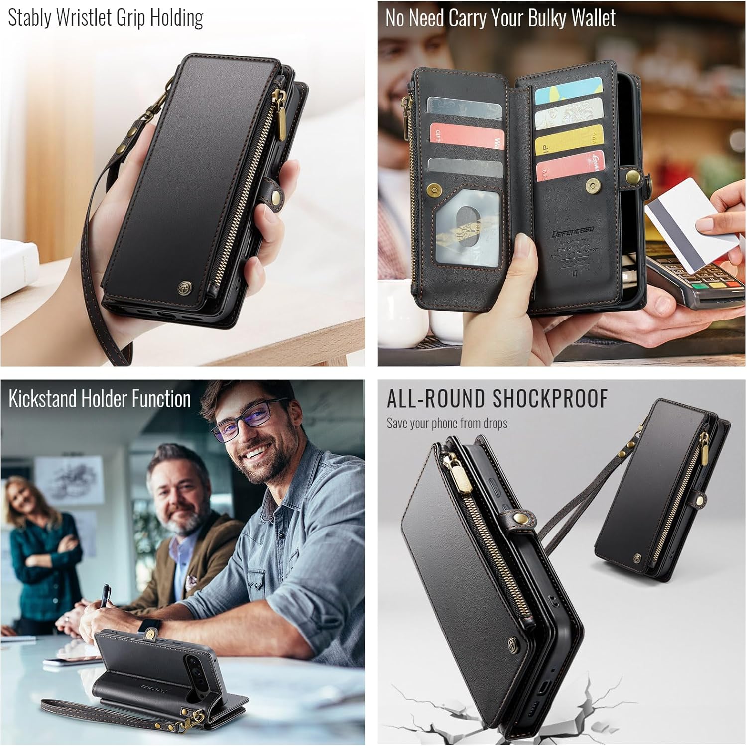 Defencase Compatible with Pixel 9 Pro XL Case, RFID Blocking Wallet Case Fit for Google Pixel 9 Pro XL 6.8" Soft PU Leather Magnetic Snap Flip Zipper Strap Card Holder Phone Case for Women Men, Black