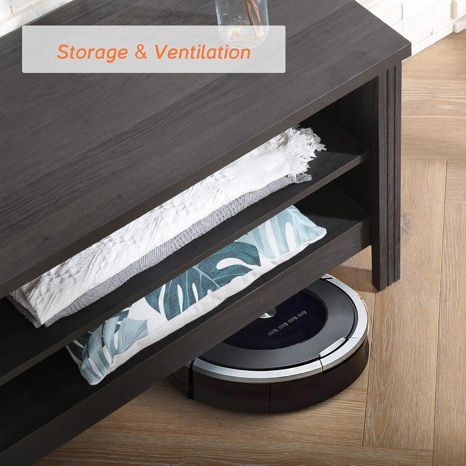 WAMPAT TV Stand for 75 inch TV with Yellow LED Light, Entertainment Center for 65+ Inch TV Console Table with 6 Cubby, Wood Television Stands for Living Room Bedroom, 70 Inch, Black