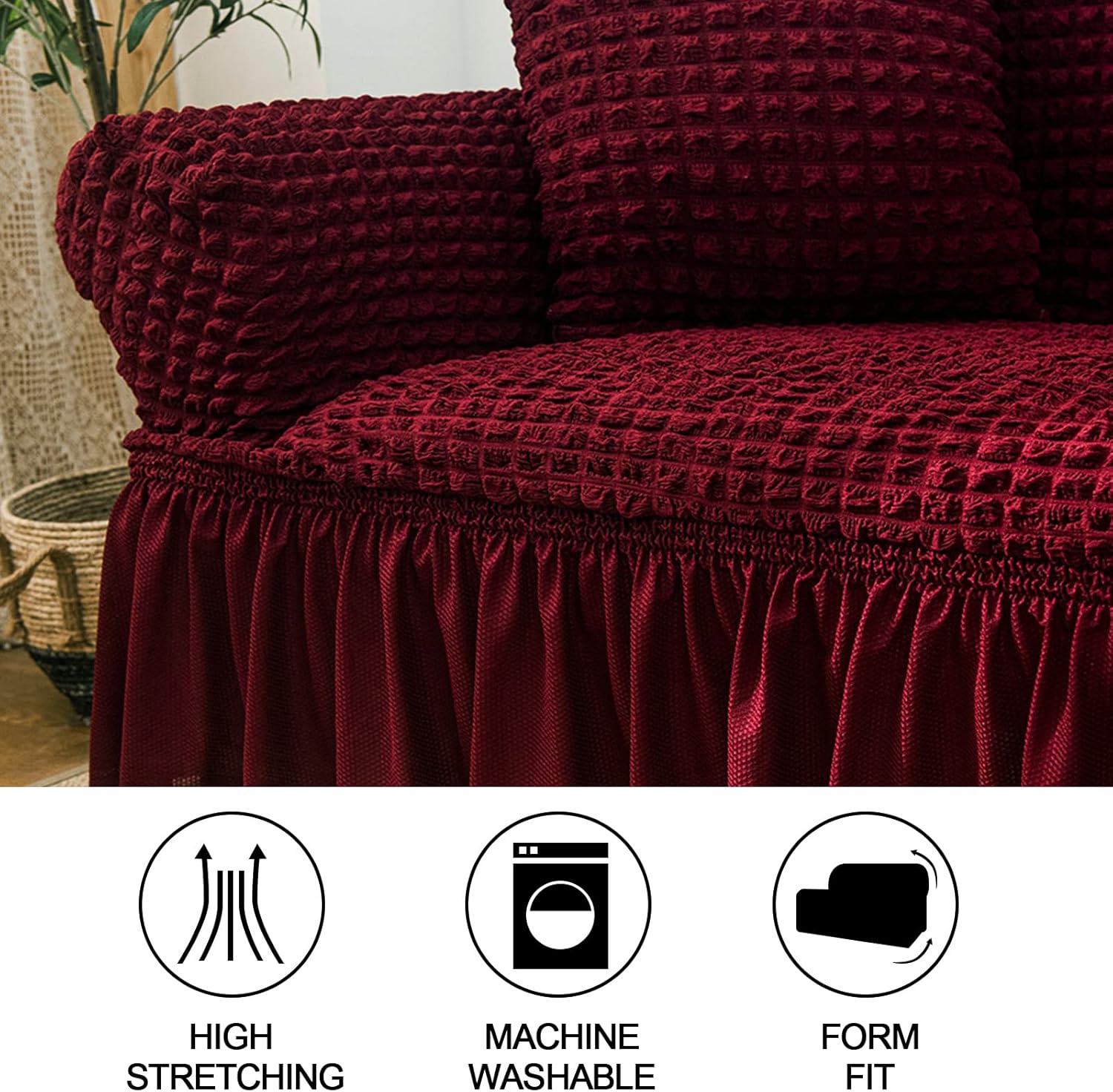 JIAN YA NA 1 Piece Sofa Cover with Skirt New Universal Couch Cover with Skirt Anti-Slip Stretch Individual Dog Couch Cushion Covers Great for Living Room (Wine Red,3 Seat)