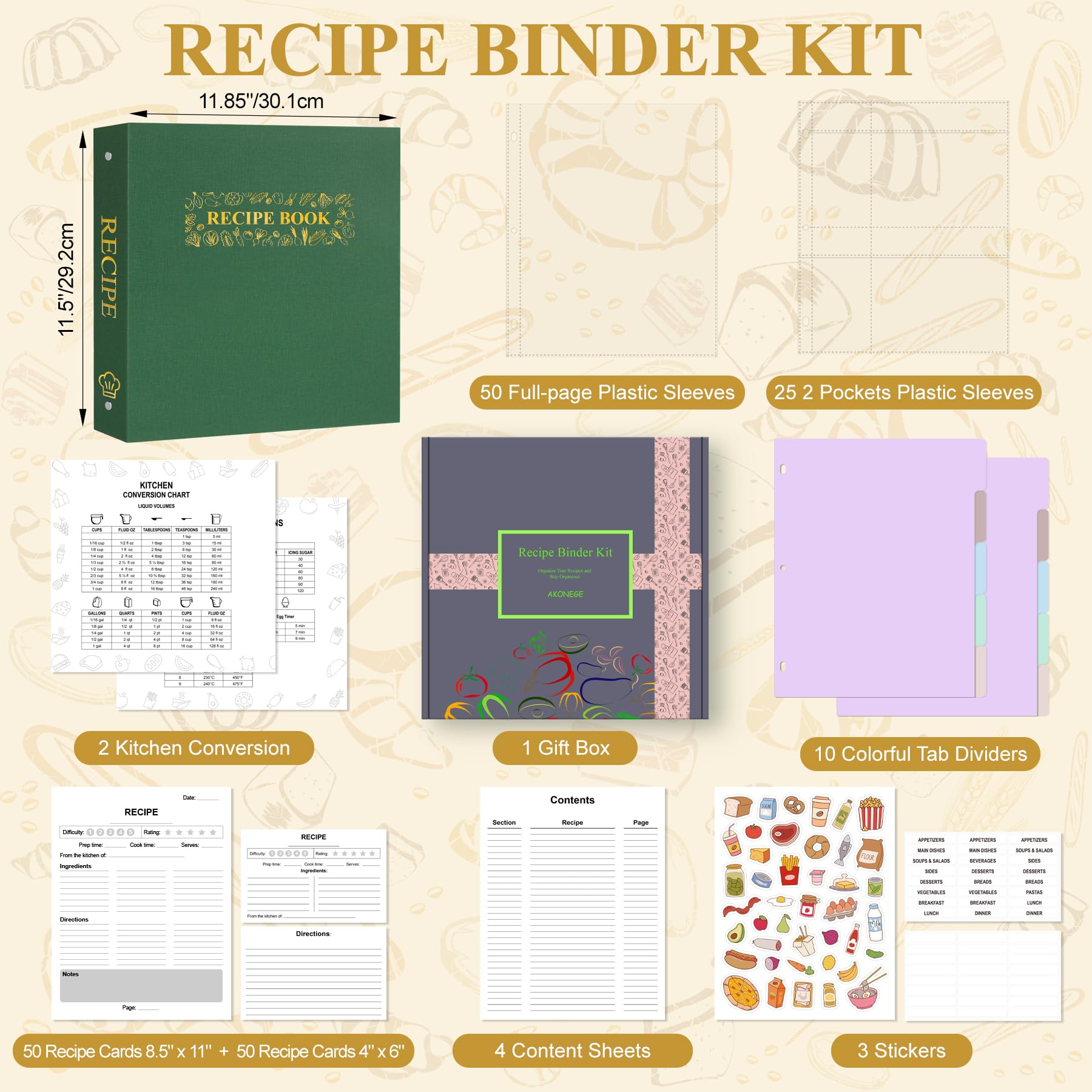 AKONEGE Raccoglitore per ricette 21,6 x 28 cm, set a 3 anelli, impermeabile, con 75 buste in plastica, 10 divisori, 100 biglietti per ricette, etichette e adesivi, libro di cucina con copertina rigida