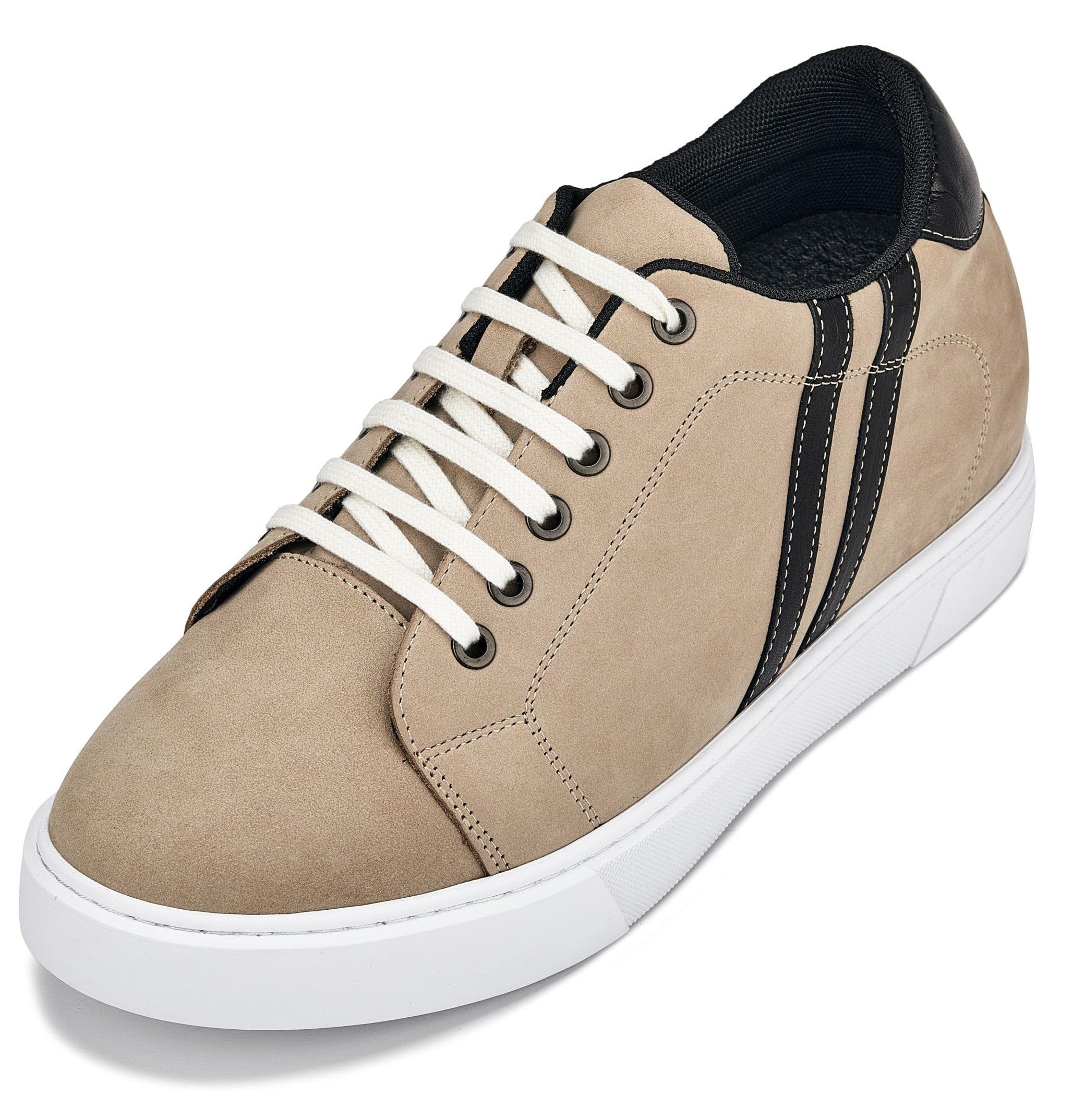 CALTO Men's Invisible Height Increasing Elevator Shoes - Nubuck Taupe Leather Lace-up Fashion Sneakers - 2.8 Inches Taller - K1552 - Size 10 D(M) US