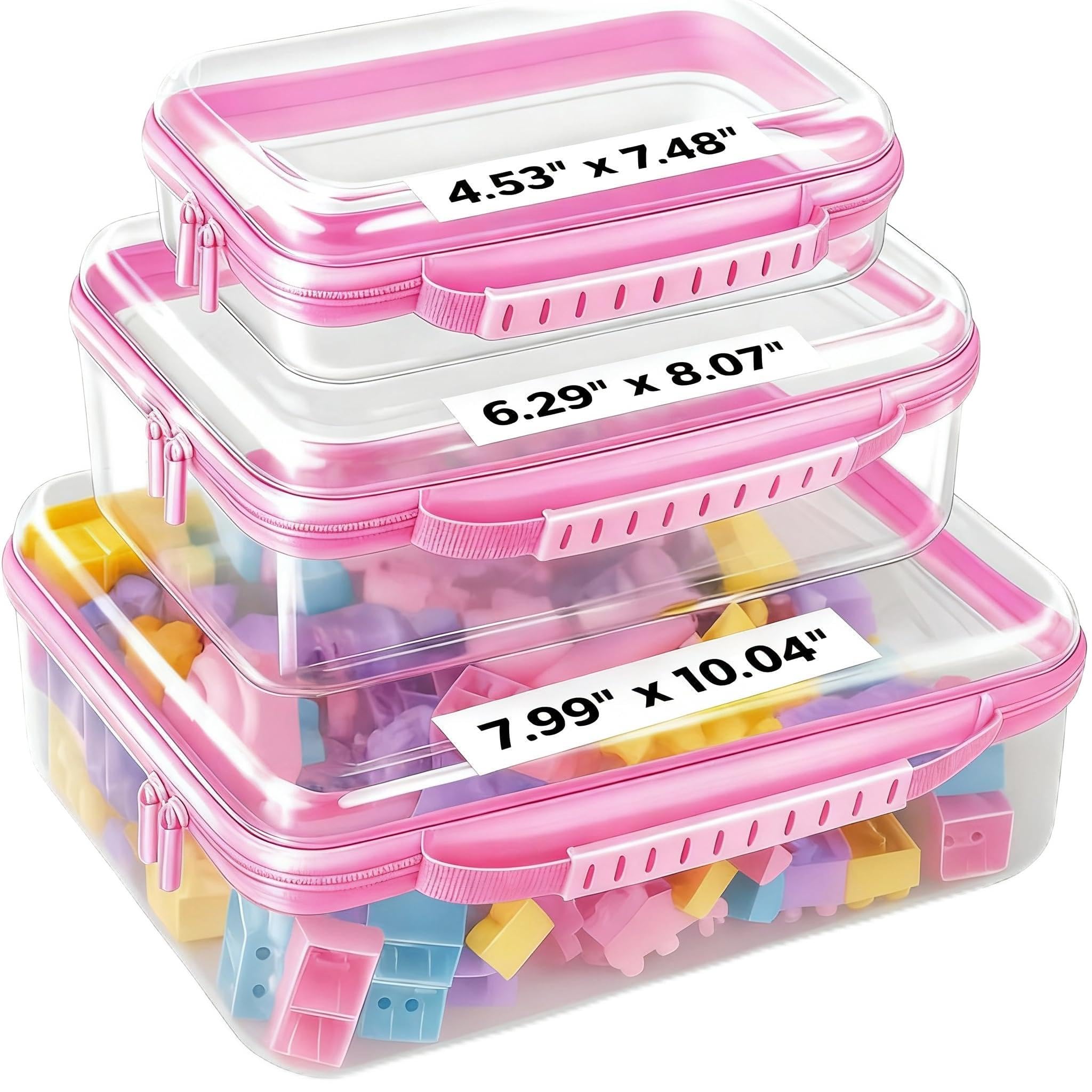 Transparente Hartschalenhülle mit Reißverschluss, Kunststoff, tragbar, wasserdicht, für Snacks, Spielzeug, Windeln, Reisen, Rosa, 3 Stück