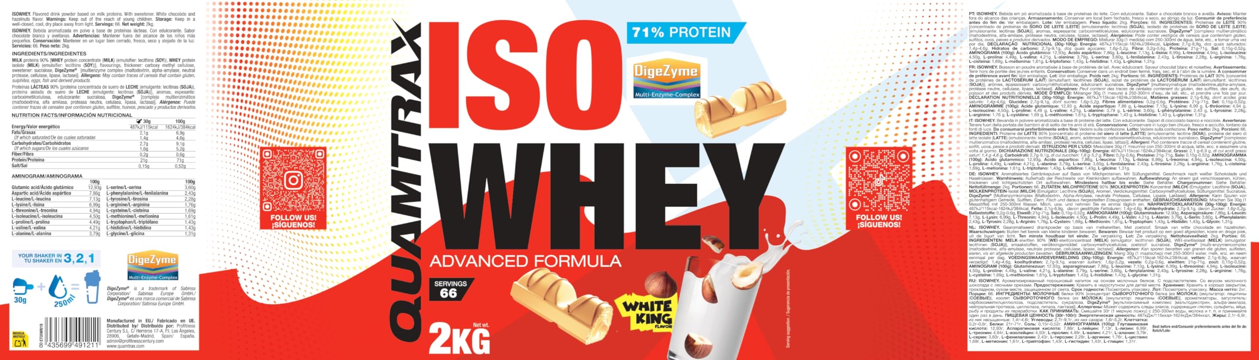 Quamtrax Nutrition - Iso Whey (Proteína de Suero de Leche Aislada) - 2 kg - Sabor White King - Alto contenido proteico, rápida absorción y bajo en grasas
