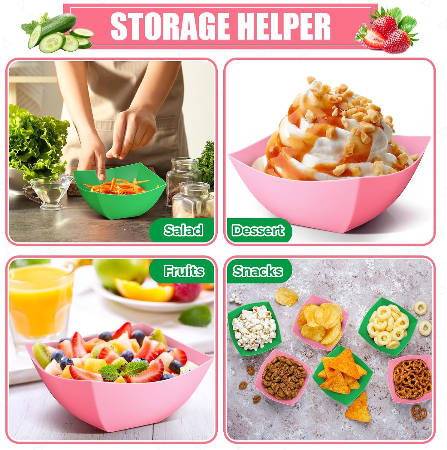 Tanlade 50 Pcs Square Plastic Serving Bowls Disposable Snack Salad Bowl Small Party Candy Bar Containers Taco Bar Serving Dishes for Buffet Chips Fruit (8 oz,Pink,Green)