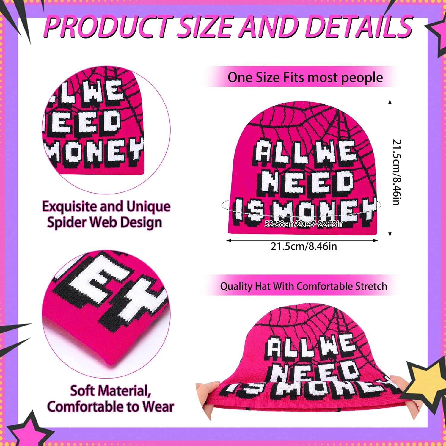 4 Pcs Y2k Beanie for Women Men, Gothic Spider Web Pattern Acrylic Knitting Hat Casual Streetwear Outdoor Accessories - Image 3