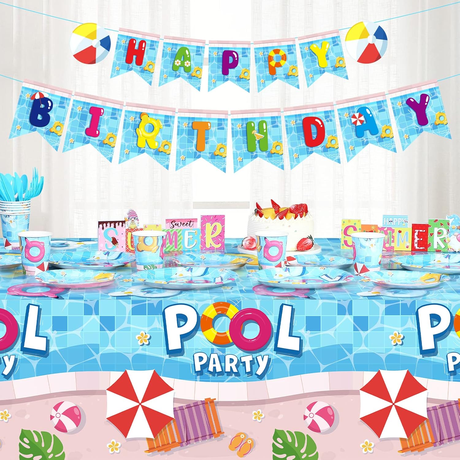 Nuanchu 172 Pcs Pool Party Supplies Serves 24 Include Summer Beach Tablecloth Pool Birthday Banner Themed Plates and Napkins Tableware Set for Beach Ball Birthday Party Decor