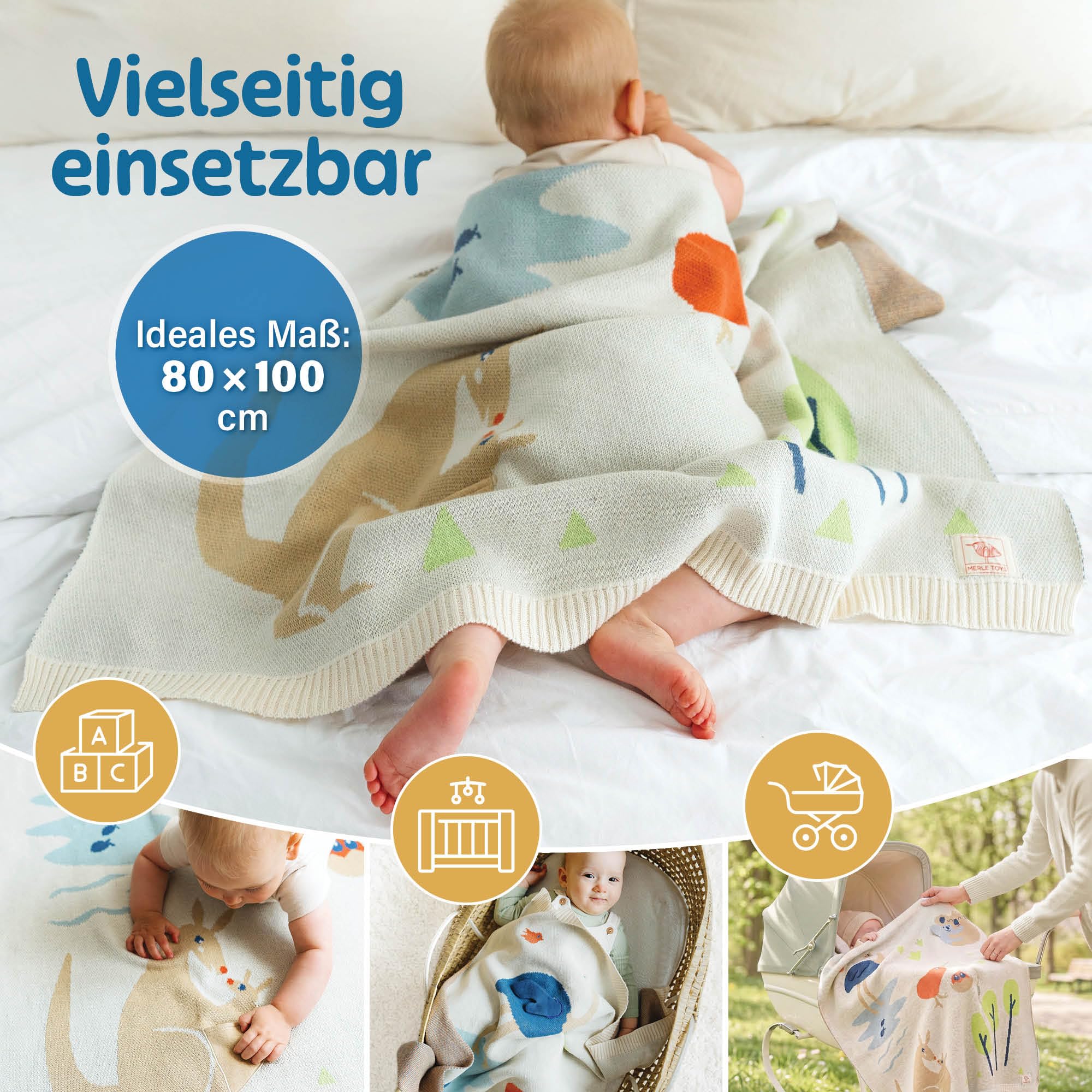 Merle Toys® Manta para bebé de algodón, 100 % orgánico, con certificación GOTS & Oeko-Tex, manta de punto para recién nacidos, regalo de nacimiento para niñas y niños, manta para bebé, amigos de