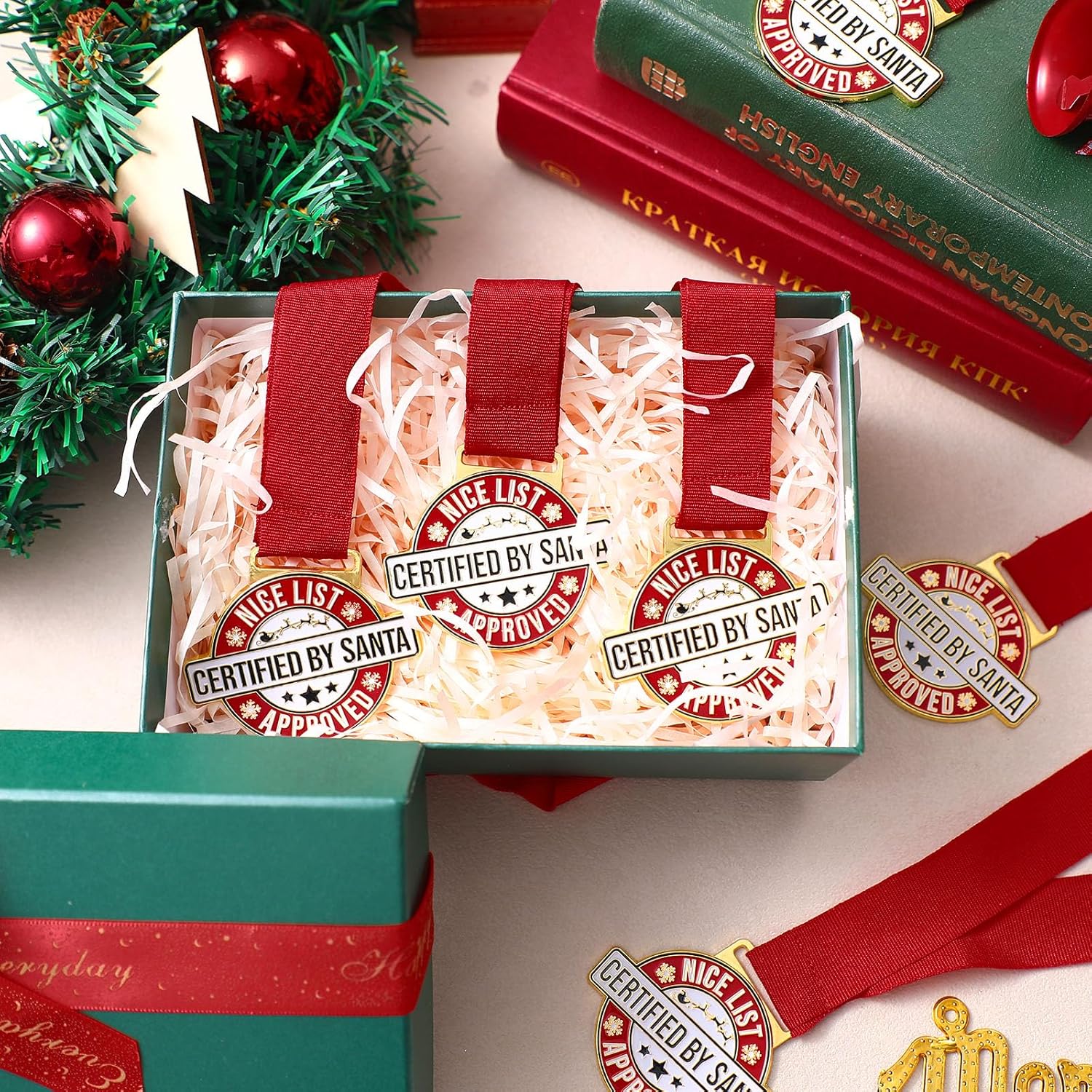 Landical Christmas Medals Gifts 2" Santa Nice List Award Medals Gold with Neck Ribbon for Family Christmas Eve Stocking Stuffers Gifts