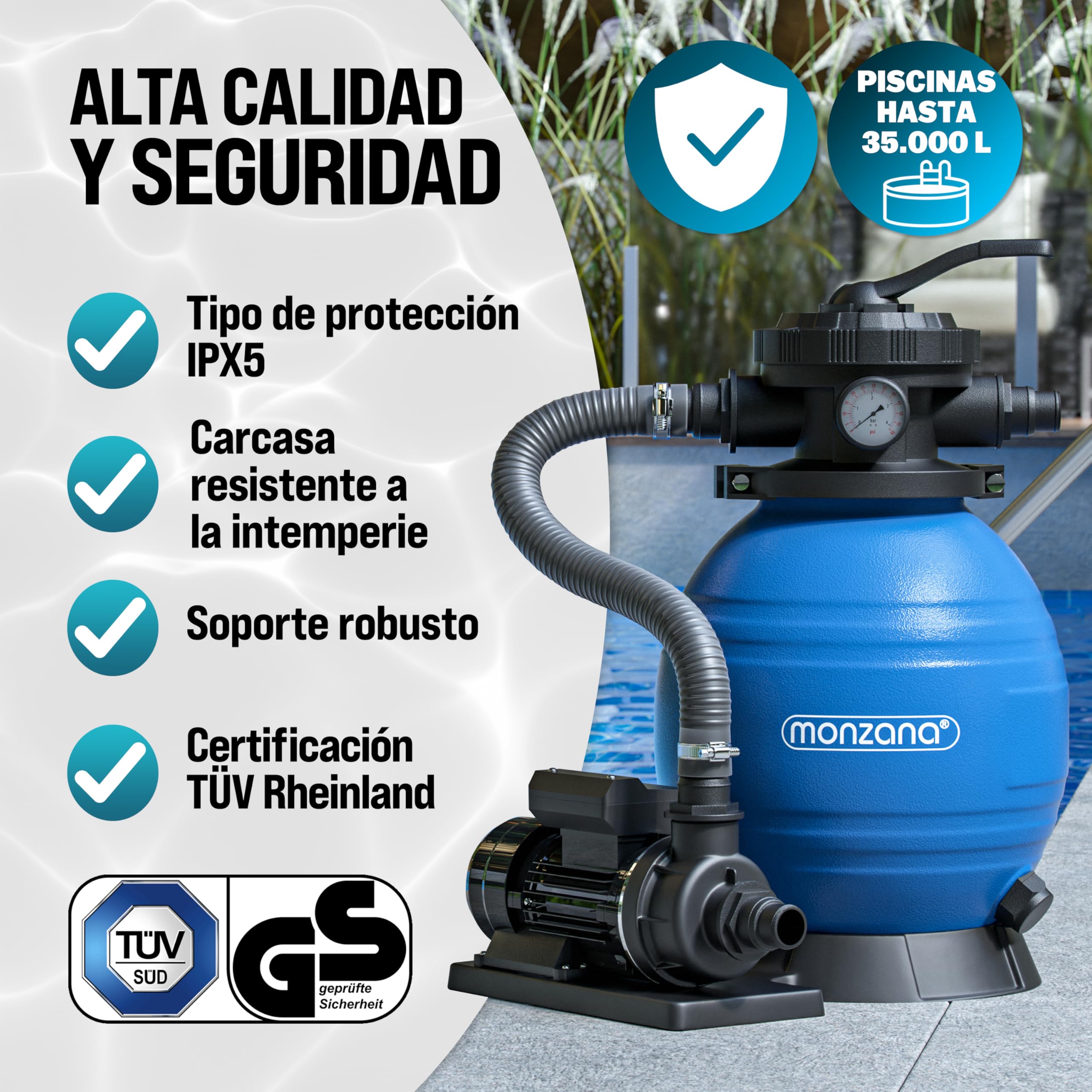 MONZANA® Depuradora Piscina 10.200 L/h Filtro de Arena hasta 35.000 L Bomba 400W Válvula 7 Funciones Filtrado Adaptador Ø32-38 mm Indicador de Presión