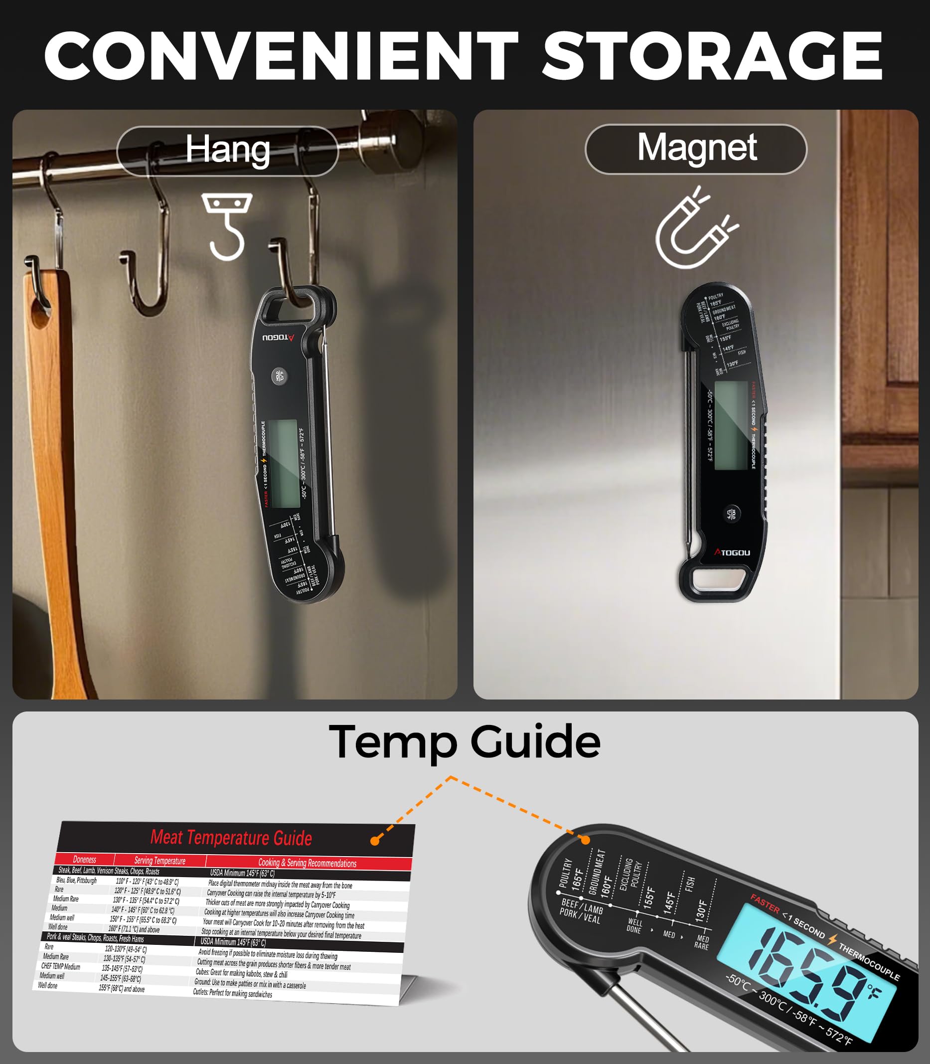 Termómetro profesional para alimentos y carne, lectura instantánea de 1 segundo y precisión de ±0.-15.0 °C impulsado por sensor de termopar. Termómetro digital impermeable IP67 para cocinar, barbacoa