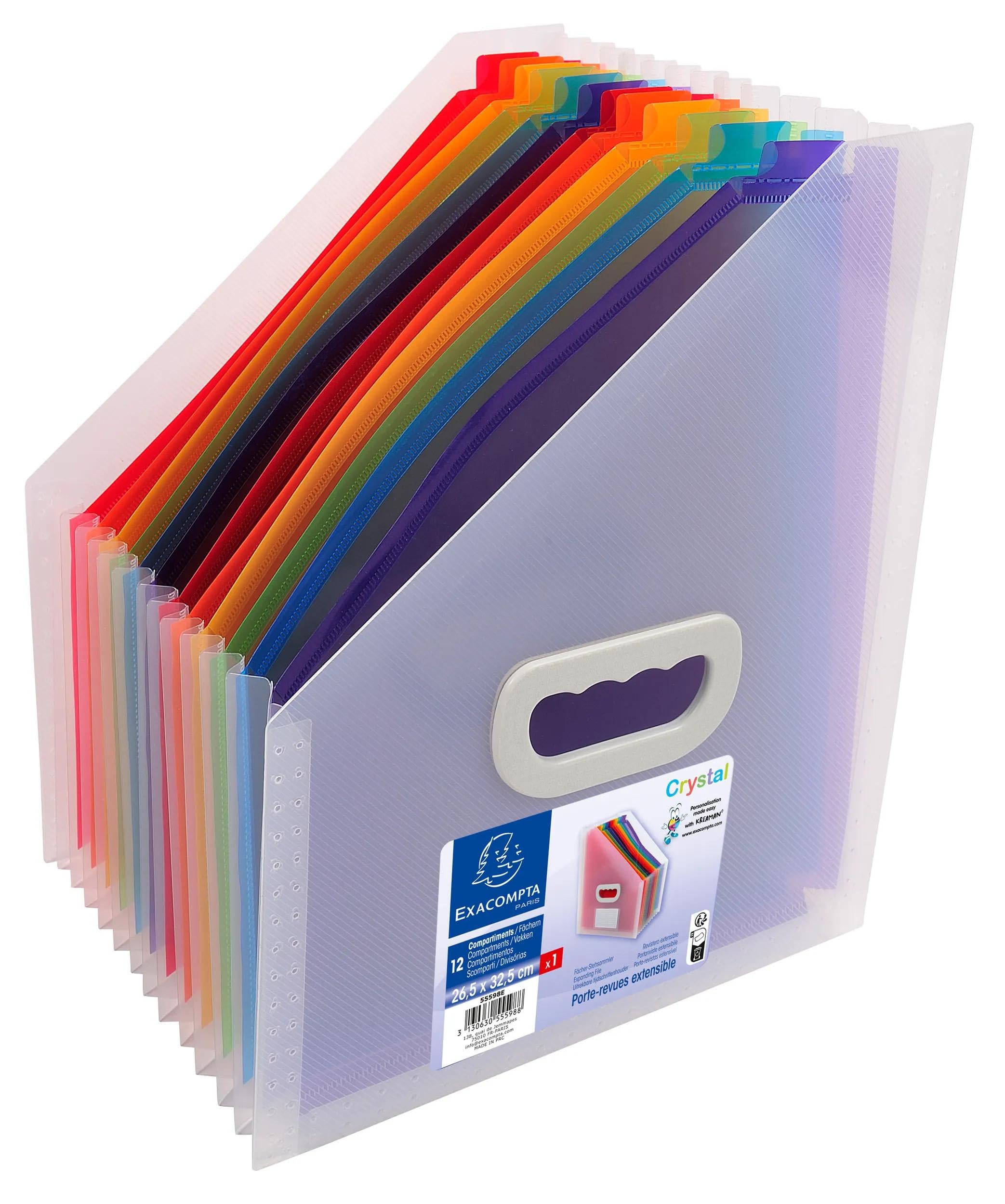 Exacompta - Réf. 55598E - Carton de 4 trieurs de bureau porte-revues Crystal - poignée rigide - en polypropylène - intérieur multicolore - 12 compartiments - dim 26,5 x32,5 cm - cristal