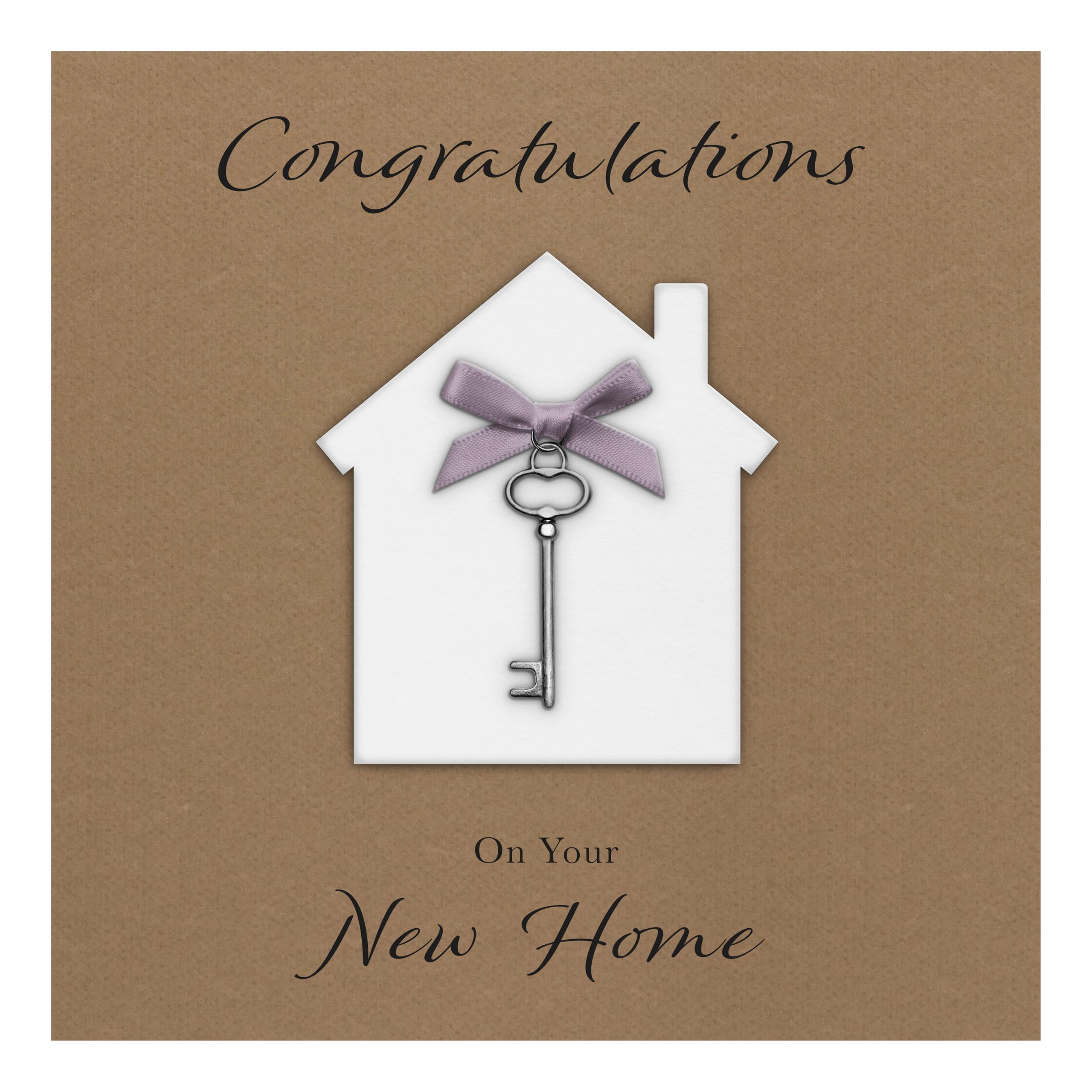 New Home Card "Key Charm & Bow" - Handmade UK (White House/Lilac Bow)