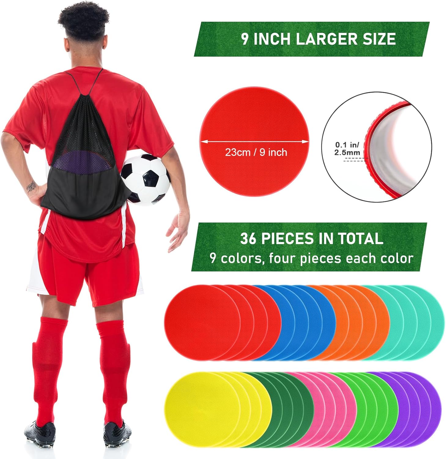 Poly Spots Spot Markers for Gym Floor Non-Slip Rubber Floor Dots, 9 inch 9/18/27/36Pcs Agility Markers Flat Cones for Sports Soccer PE Training, Dance, Classroom Activities