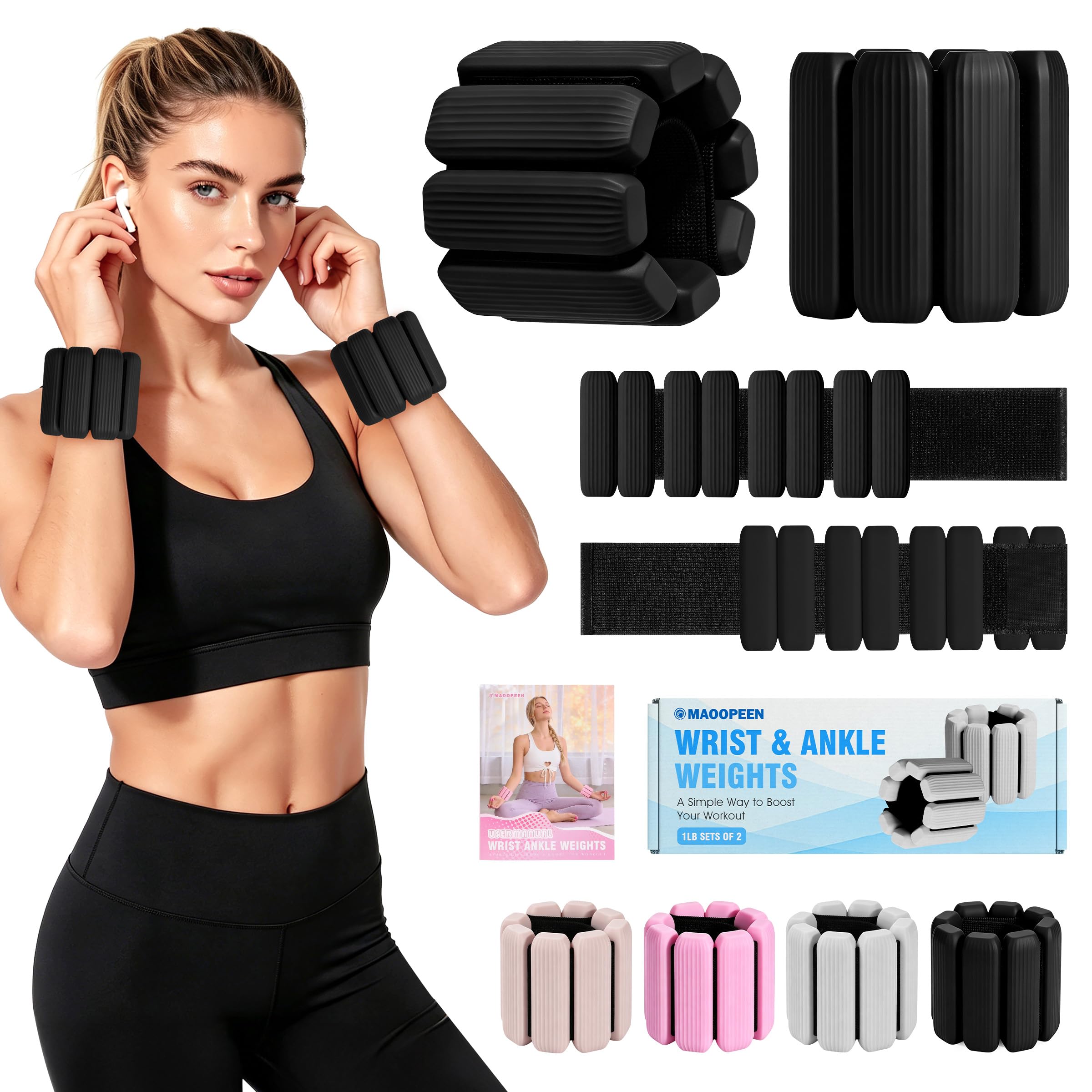 Wrist Weights, 2Pack Adjustable Ankle Weights for Women/Men, Silicone Weighted Bangles for Yoga, Pilates, Running & Walking, Arm & Leg Weights, 2lb (Black)