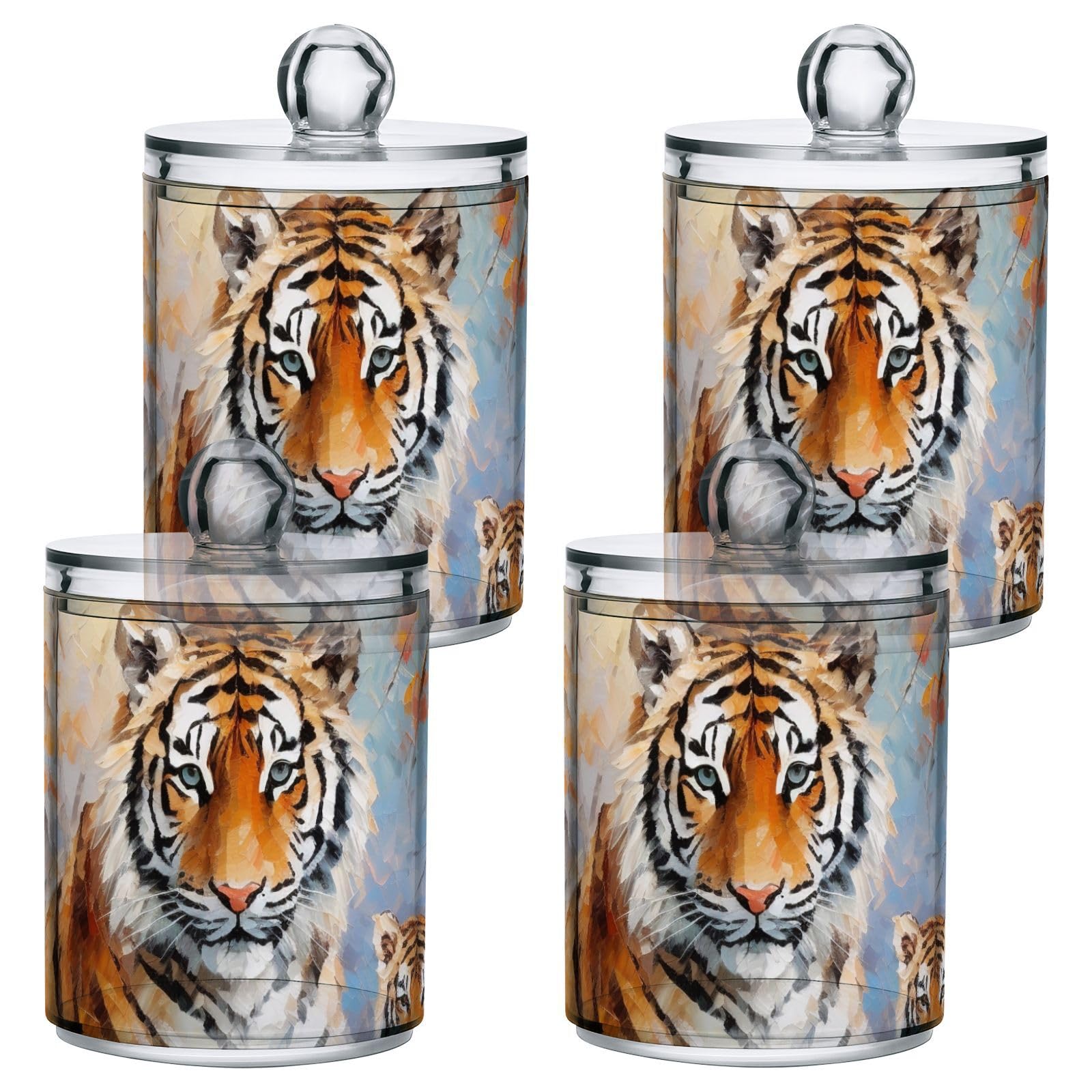 Vnurnrn Qtip Cotton Ball Holder Dispenser with Lid Painting Tigers Family Print, Plastic Jars Bathroom Canisters Storage Organizer 2 Pack