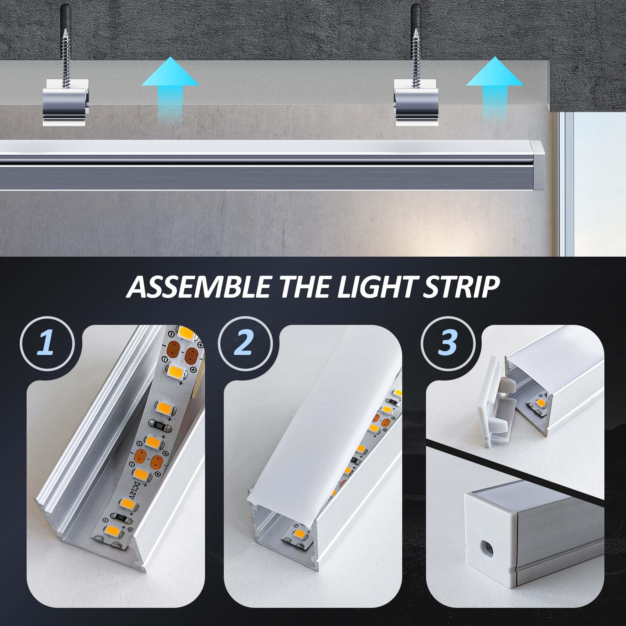 6x Profili LED da 2 Metri (Totale 12mt) per Strisce Led, profilo in alluminio pour montage en surface ou encastré, Max Striscia LED 15 mm - Dimensione 20 x 20mm (6 * 2M(12M))
