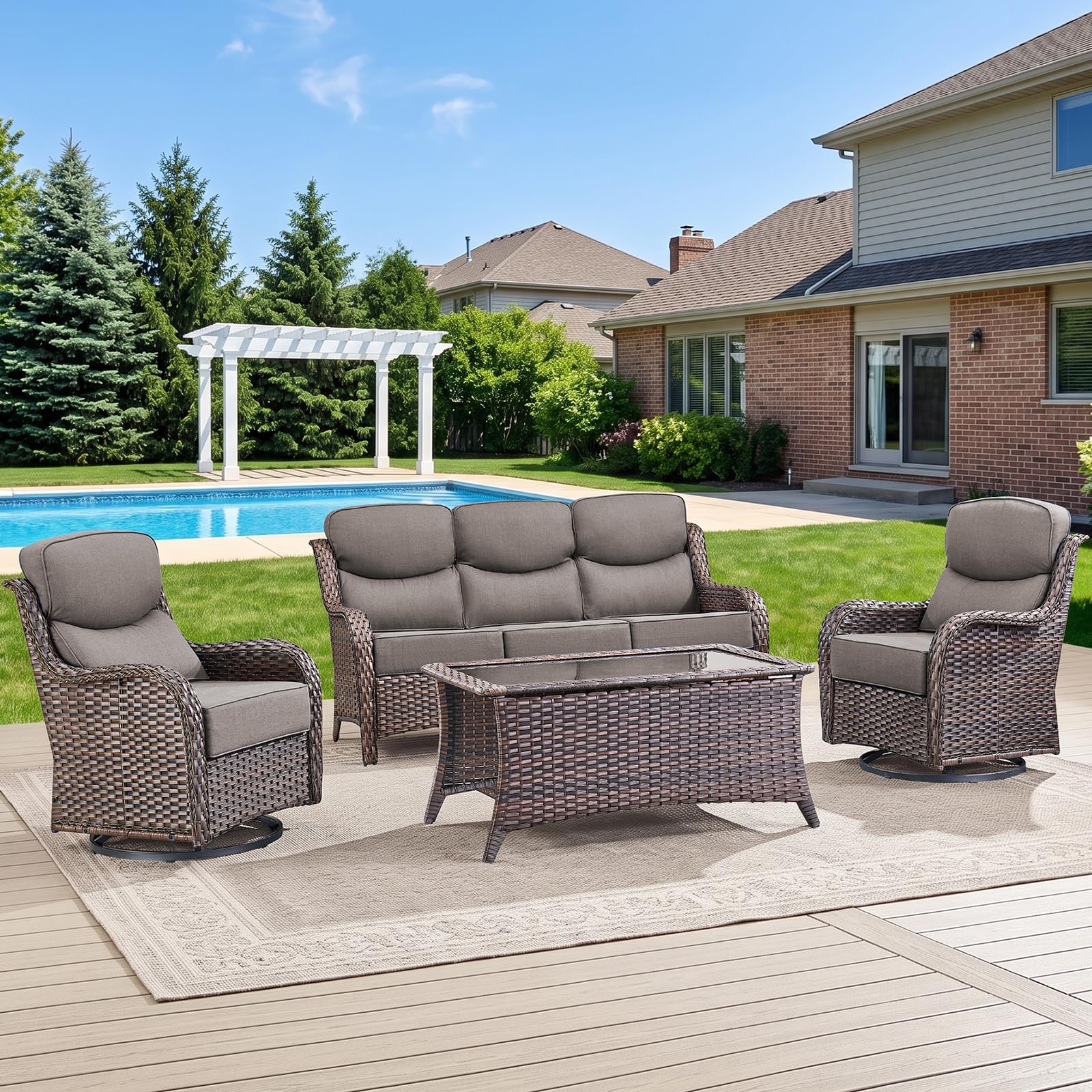 Swivel Patio Chairs sofa Set of 4 with 6" Thick Cushion - Wicker Outdoor Swivel Rocker Patio Chair ,Sofa/Glass coffee table, High Back Comfortable Outdoor Glider Chairs - Brown Wicker Grey Cushions
