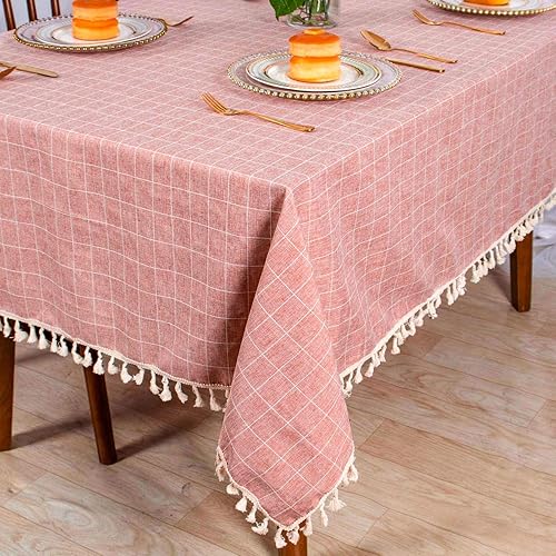 Miniatura 3 de ShinyBeauty Mantel rectangular de lino rústico a cuadros a prueba de arrugas, a prueba de polvo, 55 x 72 pulgadas, borde de borla bordado rubor para