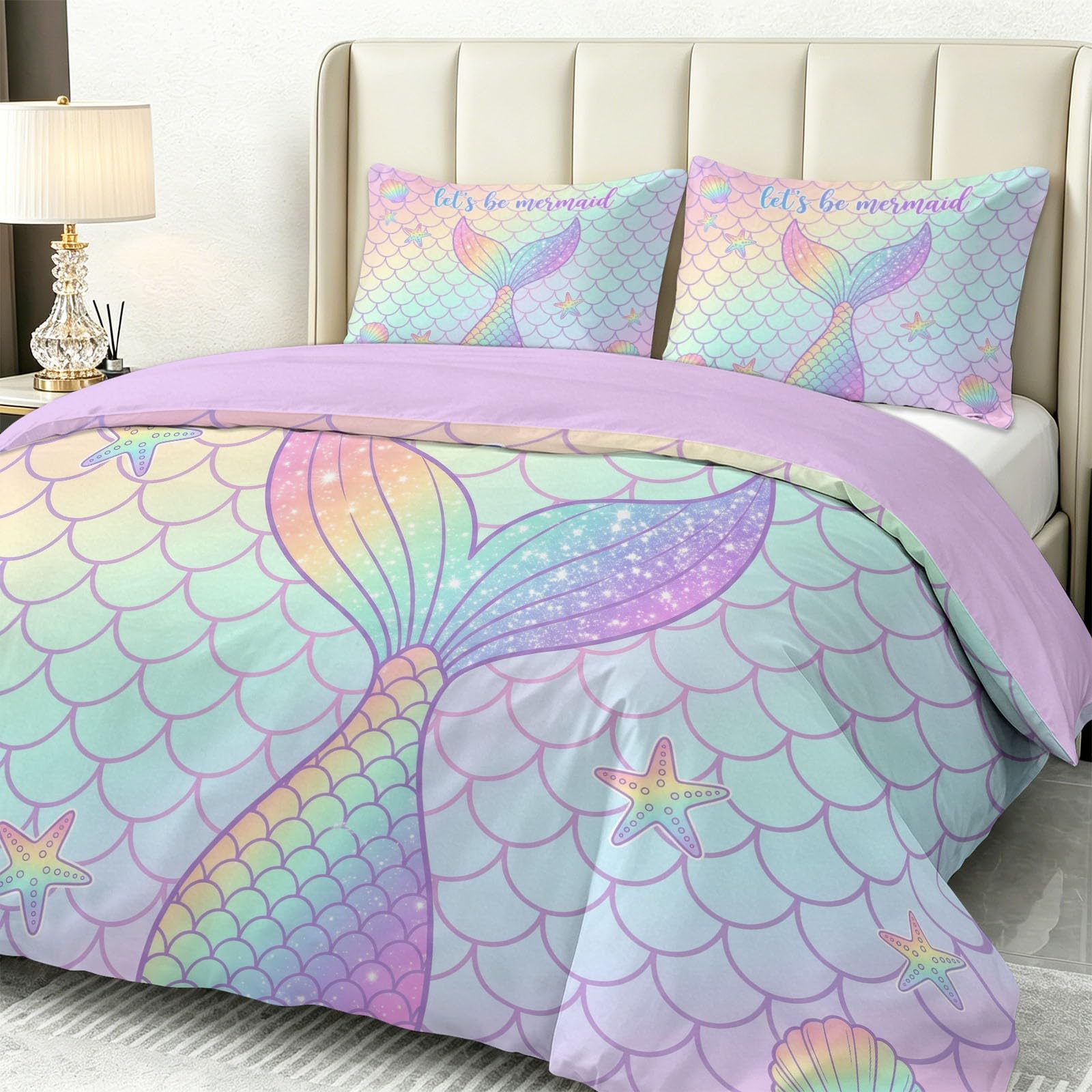 Fantazyjny 3-częściowy zestaw pościeli nowoczesna podwodna księżniczka, miękka poszwa na kołdrę 220 x 240 cm i 2 poszewki na poduszki 80 x 80 cm, 2-osobowy zestaw pościeli z zamkiem błyskawicznym
