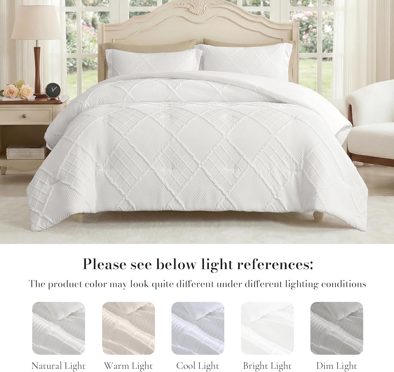 Amélie Home King Comforter Set, 3 Piece White Jacquard Bedding Set with 2 Pillow Cases, Soft Microfiber Diamond Design, Lightweight All-Season for Bedroom & Dorm