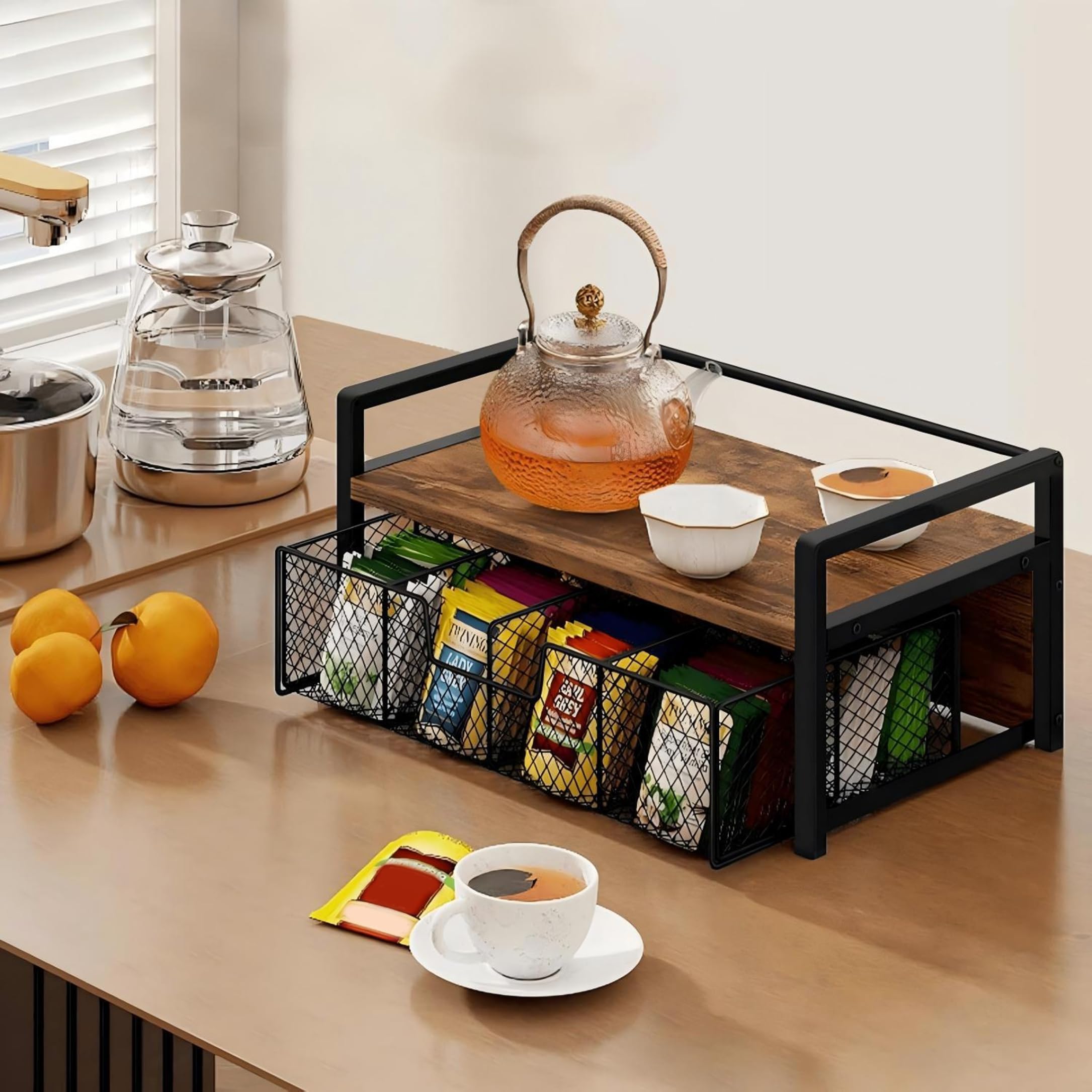Kaffeestation-Organizer, 2-stöckige Teebeutel-Aufbewahrung mit ausziehbarer Schublade, Küchenarbeitsplatte für Pads und Teebeutel – Tigerholz und Schwarz, Kaffeestation-Organizer
