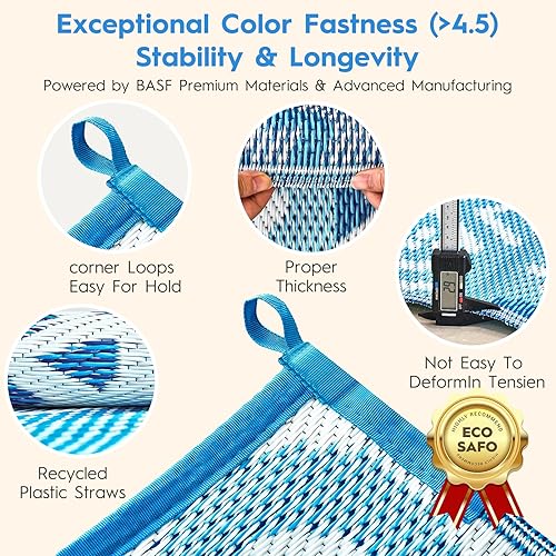 Miniatura 4 de Alfombra de exterior de 9 x 12 pulgadas, alfombra de patio impermeable para porche, caravana y camping, alfombra de plástico reversible azul para