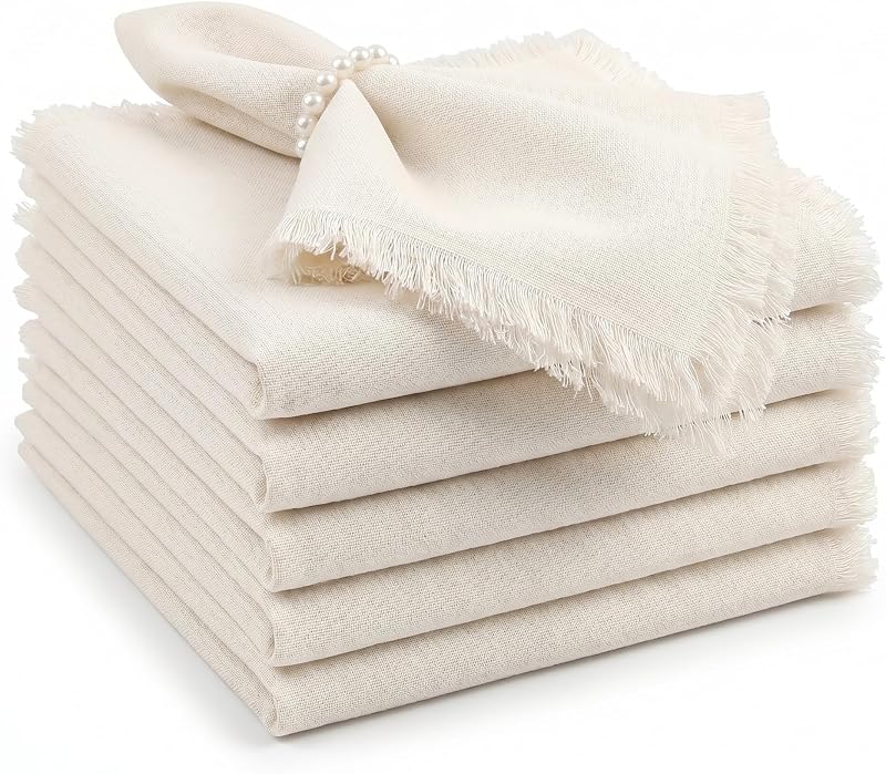 Cloth Napkins, Linen Blend with Fringe, Set of 6, 17x17 Inch Dinner Napkins | Handmade,Soft Reusable,Boho Farmhouse Style, Great for Wedding, Party, Baby Shower, Daily and Commercial Use,Cream White