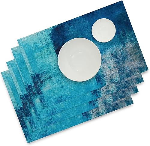 Winotic Juego de 4 manteles individuales color azul turquesa, pintura artística abstracta moderna, lavables, manteles de lino para decoración de disponible en Yaxa Peru