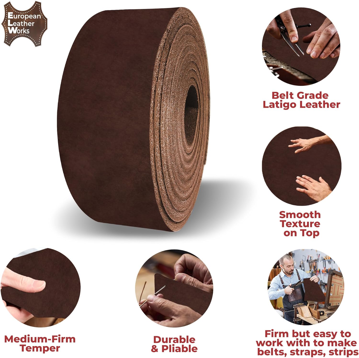 ELW 5-6 oz (2-2.4mm) Latigo Leather Belt Grade Straps | Size: 1"x72" (2.5x183cm) | Whiskey Tobacco | Full Grain Cowhide, Heavy Duty Holsters, Sheathes, Harness, Saddle, Guitar Straps, Crafts