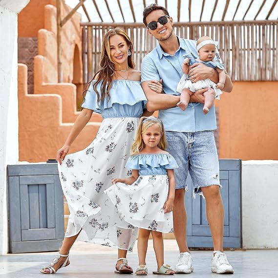 PopReal Family Matching Outfits Mommy and Me Dresses - Floral Dress Summer Men Boy Shirts Matching Sets for Beach Vacation